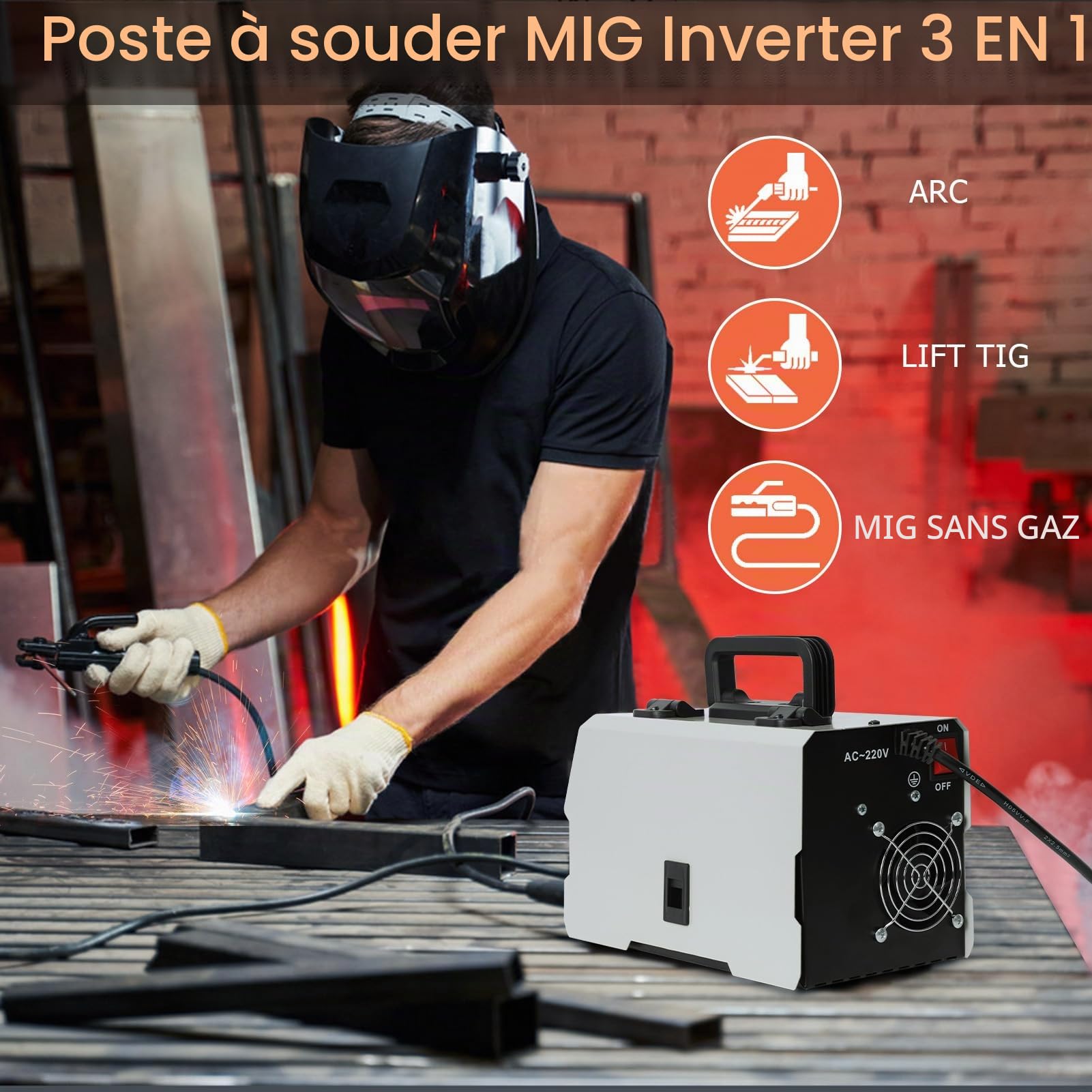 Poste à Souder MIG-270 Poste à Souder MIG 250 A Poste de Soudage Portable Soudeuse Inverseur à Fil Fourré Machine à Souder 3 en 1 Équipement pour Soudage Acier au Carbone (Gris)