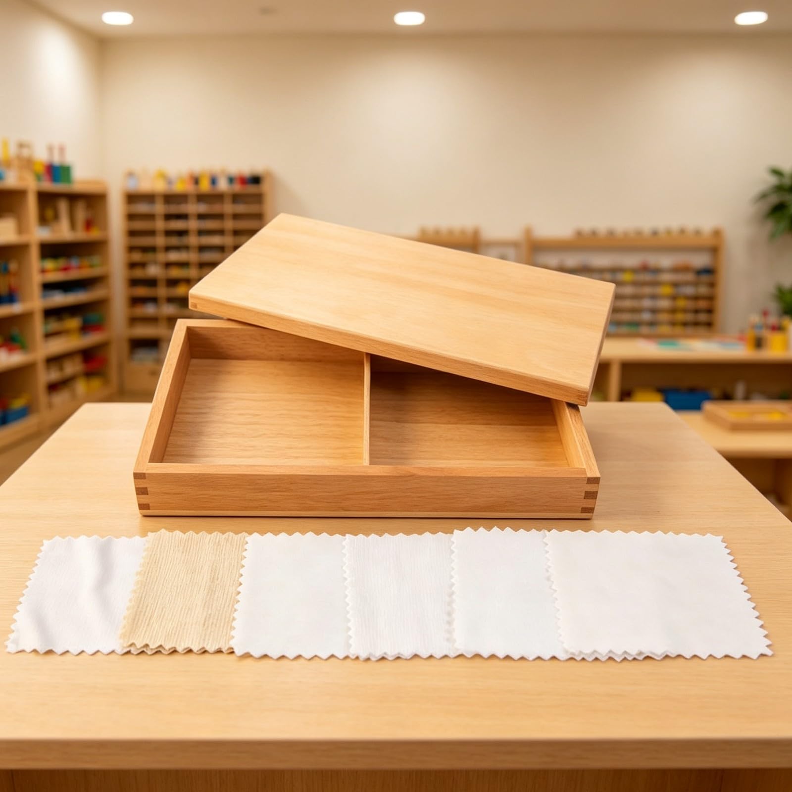 Scatola in Legno con Coperchio e di Stoffa di Stoffa Sicuro Scatola Interattiva Tessuti Lavabile Gioco Sensoriale Metodo Educativo