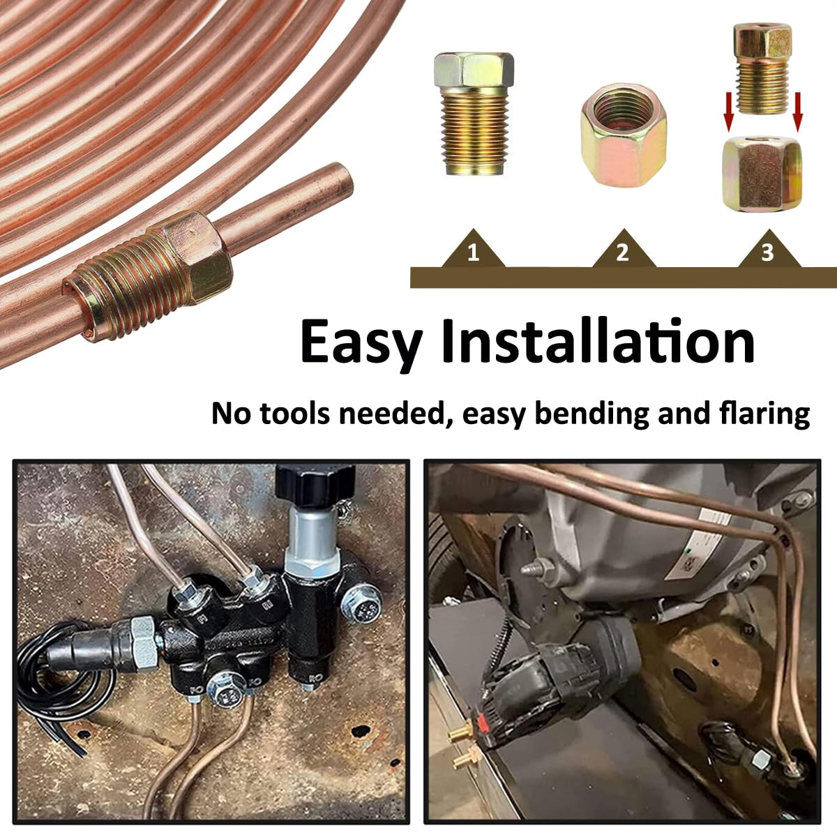 10m Tubo Freno in Rame per Auto 3/16" 4,75mm Tubo del Freno Rivestito in Rame Kit di Linea Freno di Sostituzione Auto Flessibile Tubi per Olio Carburante con 20 Dadi