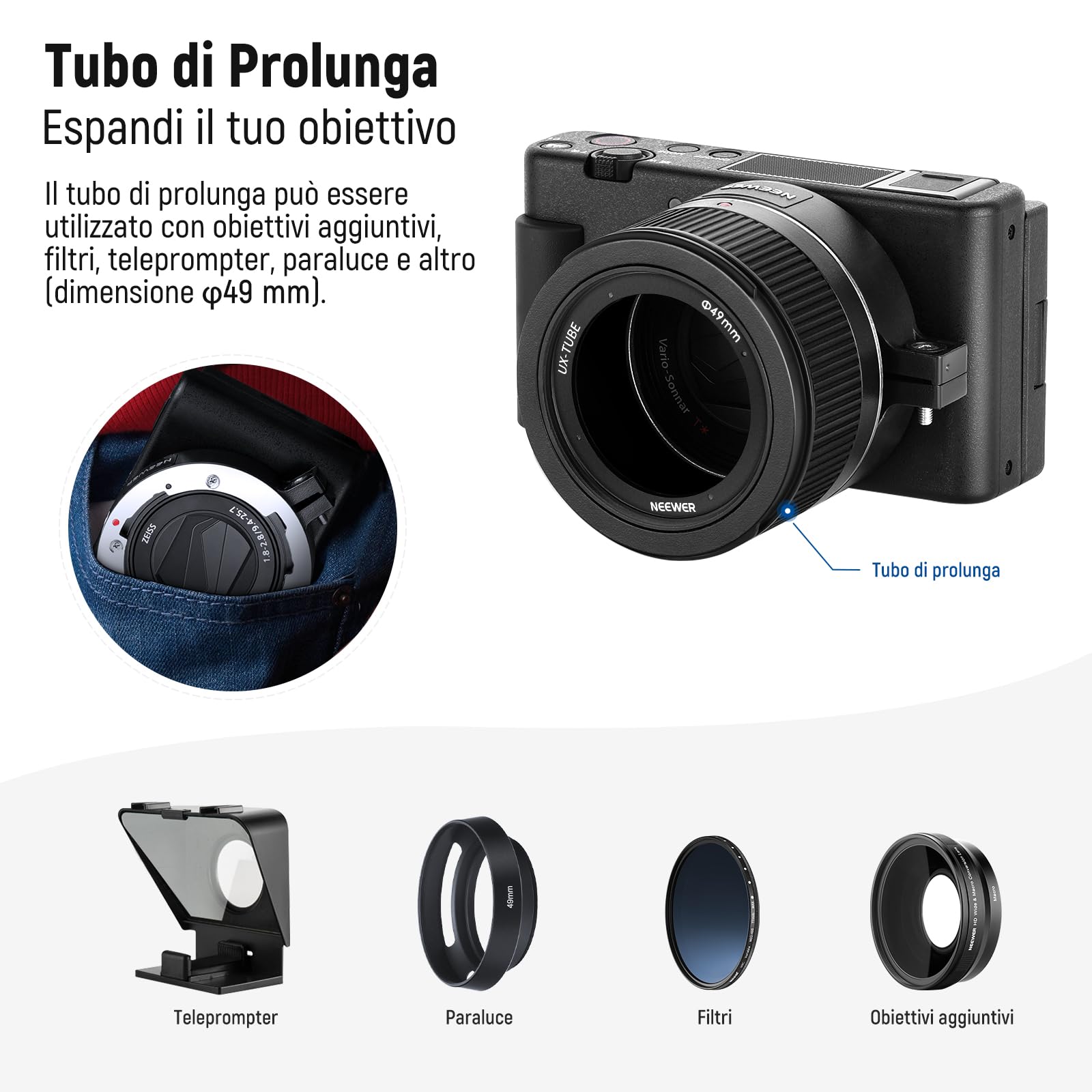 NEEWER Obiettivo grandangolare compatibile con fotocamera Sony ZV1, grandangolo HD 2 in 1 18 mm e obiettivo macro 10 volte con tubo di prolunga, adattatore per lenti a baionetta, panno per la pulizia | 18mm HD Wide Angle & 10x Macro Additional Obiettivo,