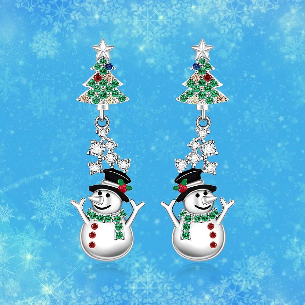 Christmas Tree Snowman Earrings for Women Sterling Silver Tree with Star Holiday Dangle Drop Earrings Colorful CZ Xmas Gifts - Image 5