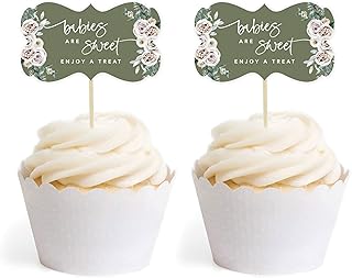 Andaz Press Sage Green with Cream Floral Blossoms Fall Baby Shower Party Collection, Cupcake Topper DIY Party Favor Kit, Fancy Frame Shape, Babies are Sweet Enjoy a Treat, Floral, 18-Pack