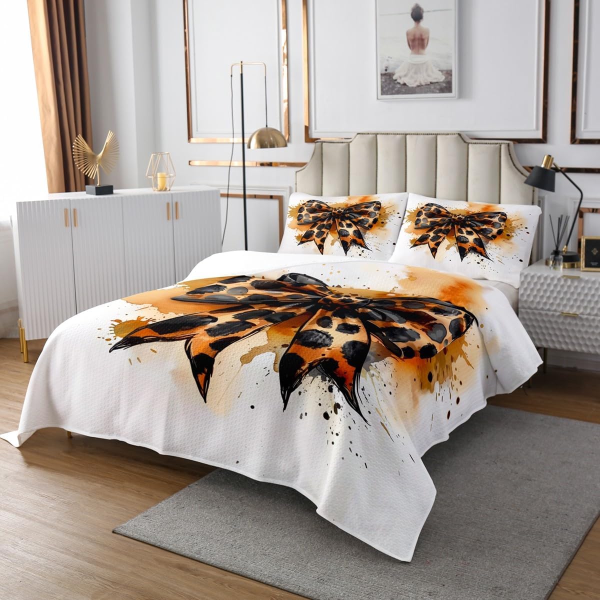 Erosebridal Bowknot Coverlet Set Queen Size Leopard Print Bedspread Cheetah Ink Splash Ombre Polka Dots Bow Quilted Coverlet Kids Girls Women Brown Soft Luxury Quilted