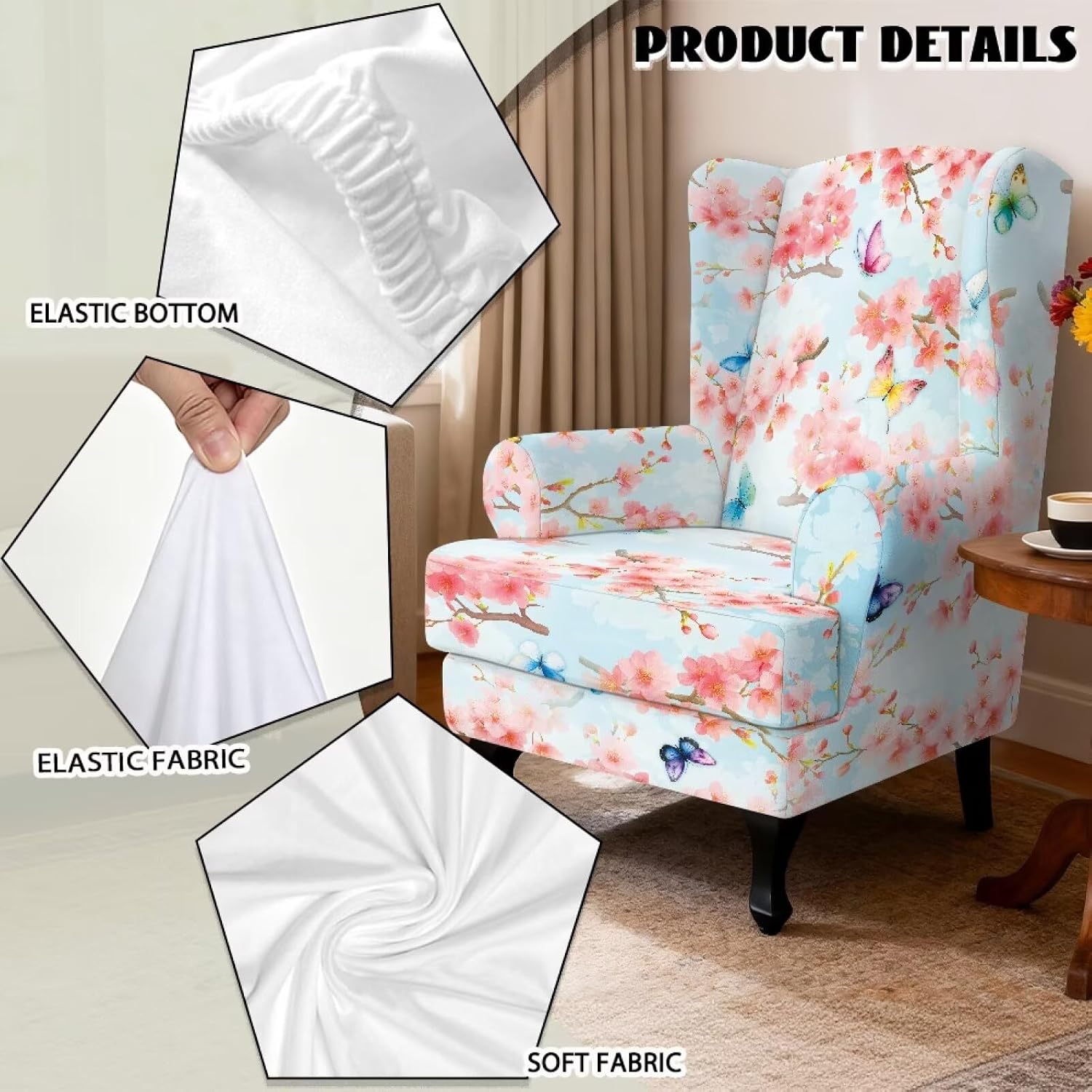 Cozeyat Cherry Blossoms Butterfly Wing Back Chair Covers with Arms 2 Piece Slipcovers for Armchair Washable Stretch Wingback Chair Cover Couch Furniture Protector for Living Room Bedroom
