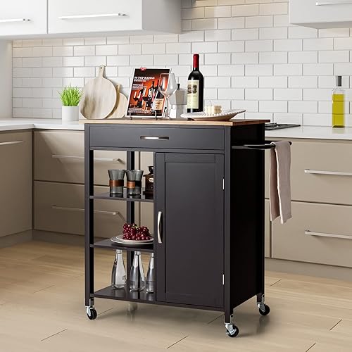 Miniatura 2 de Giantex Kitchen Island - Carrito de cocina móvil con ruedas, armario de almacenamiento de 1 puerta, cajón grande, estantes de 3 niveles, encimera de