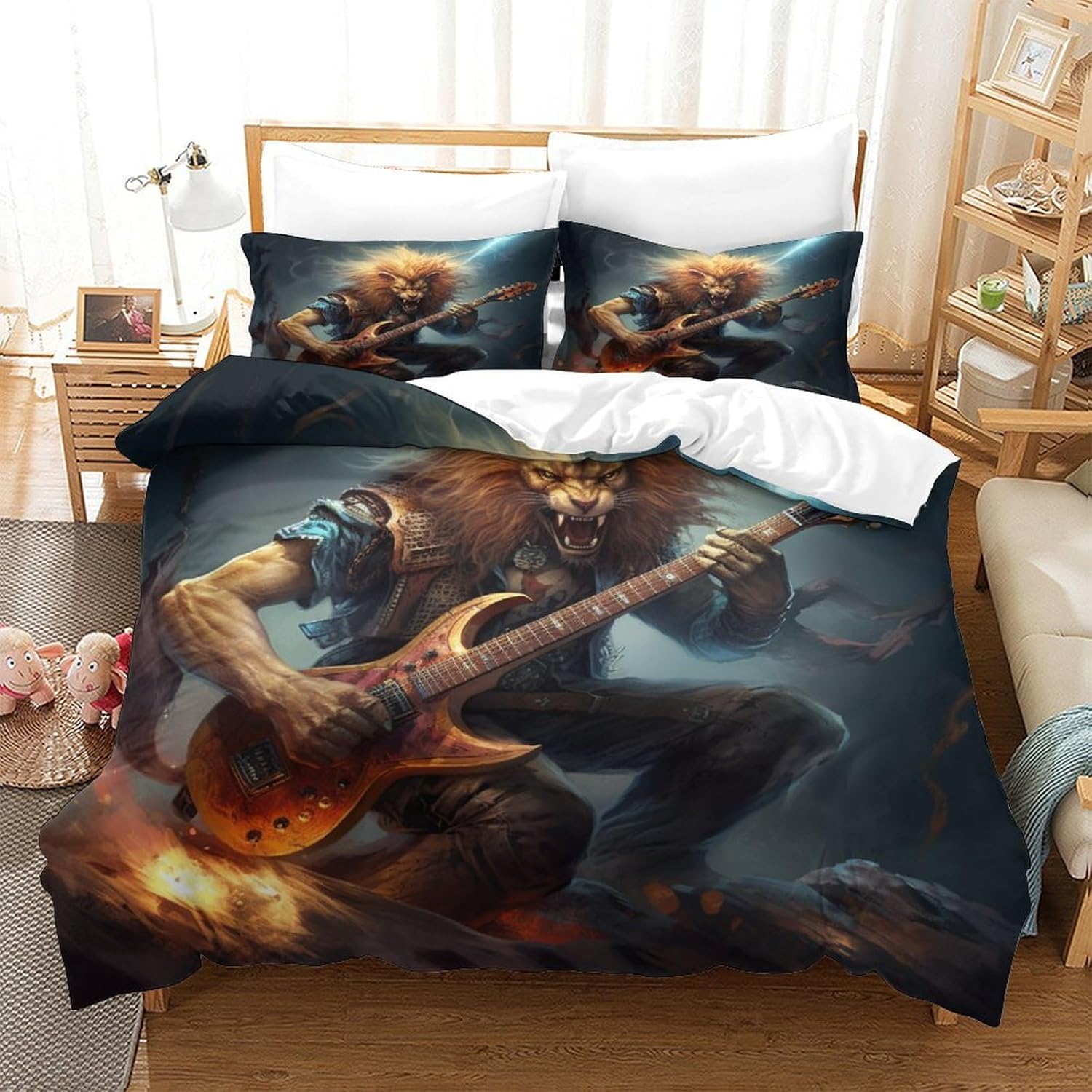 VesFy Guitar Lion Bed Linen 3D Print Children's Boys Cot Faux Animals