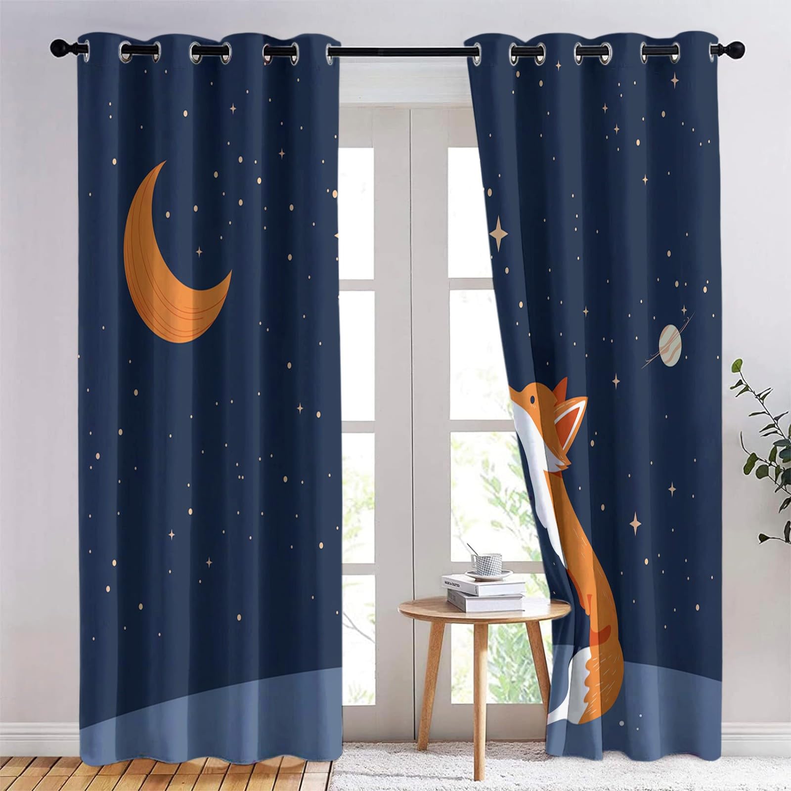 Wärmeisoliert Abdunkelnd LichtundurchlässigVorhänge Blau, Cartoon Fuchs Sternenhimmel Blickdicht Thermovorhang aus Polyester Privatsphäre Schützende Gardinen für Wohnzimmer, 214 x 183 cm