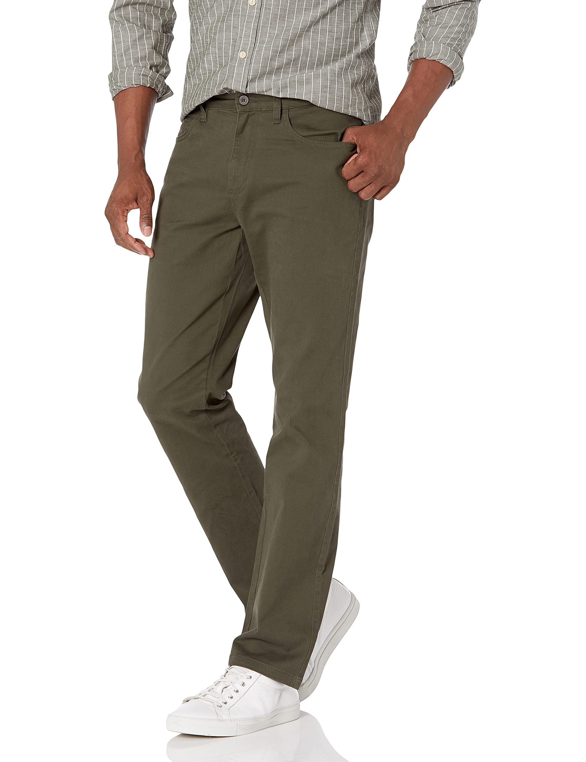 Amazon Essentials Pantalon Chino Stretch Confortable à 5 Poches Coupe Droite Homme, Vert Olive, 40W / 29L