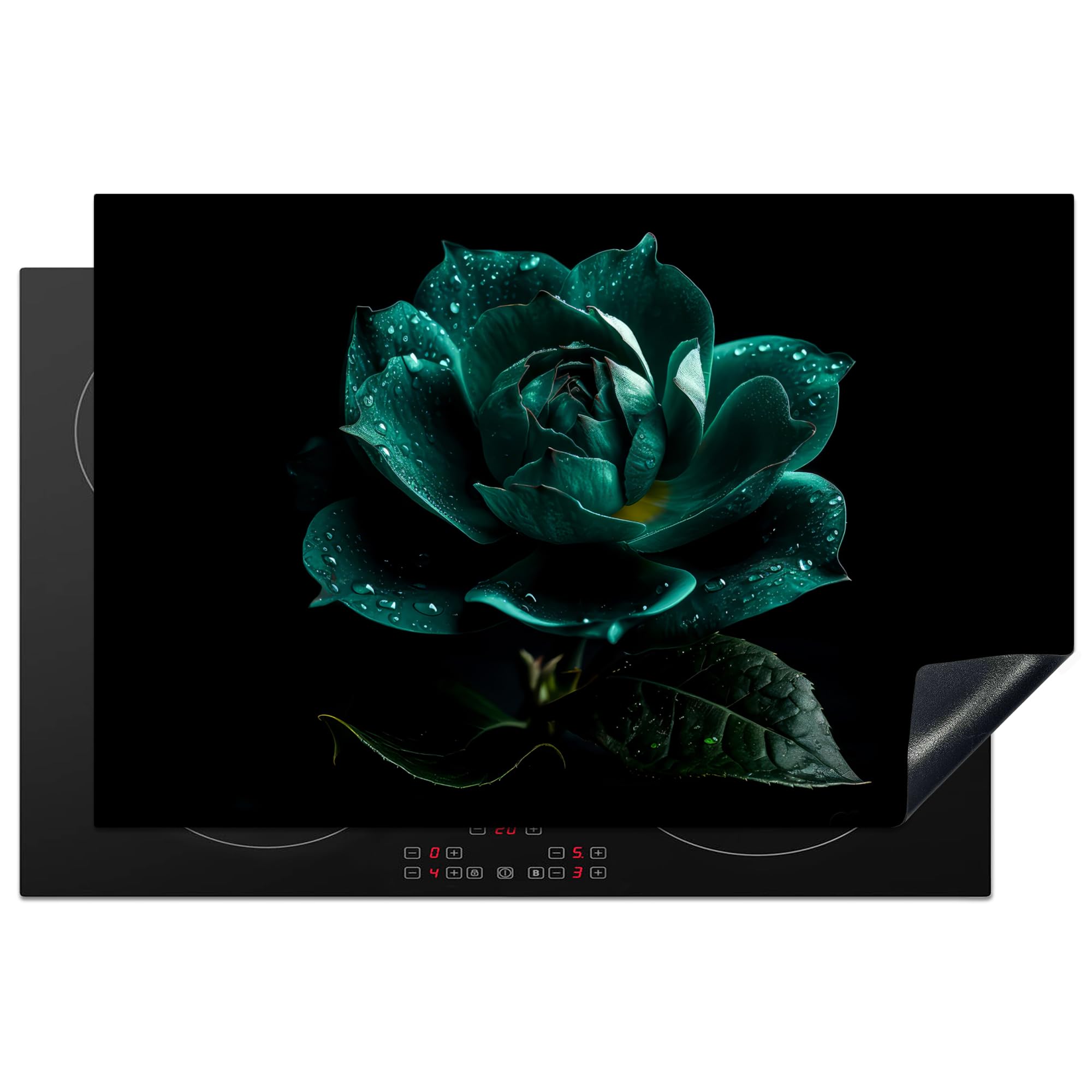 KitchenYeah© Induction Hob Protector Mat 20.8"x32.1" / 81.6x52.7 cm Stove Cap Top Cover Kitchen Cooker Covers for Electric Hobs Vinyl Flowers - Roses - Blue - Portrait - Black