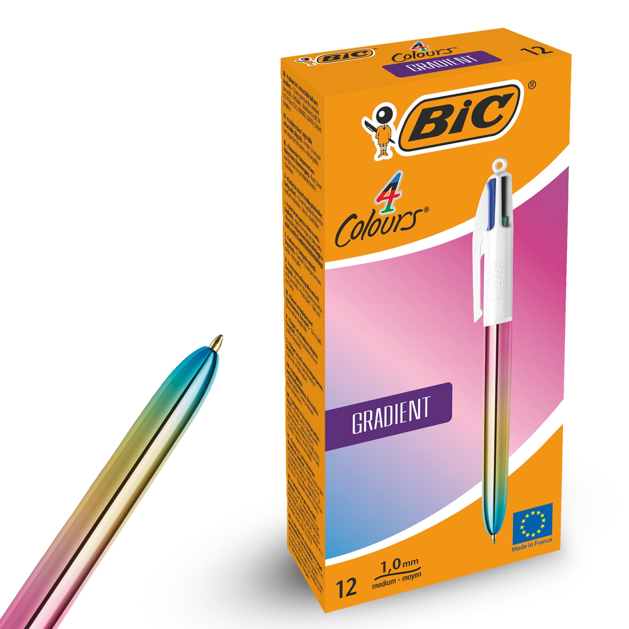 BIC 4-Colour Gradient Pens Multi Pen Retractable Design Multicolour Pen With Four Assorted Vibrant Inks Multi Coloured Pens All in One for School Office and Colour Coding (Pack of 12)