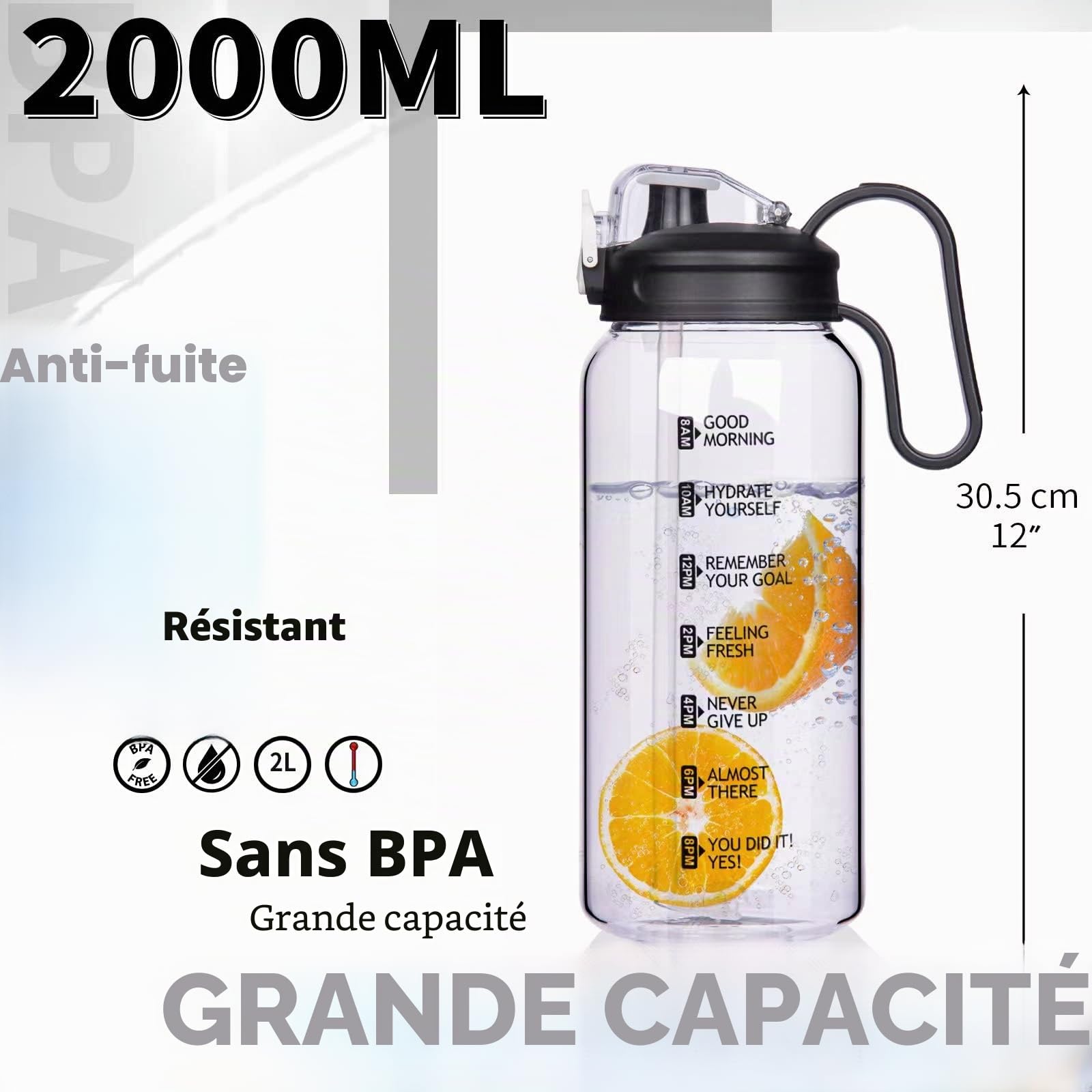 2l Gourde Verre Motivation avec Paille et Marqueur de Temps 2 litres grand transparente Bouteille eau Verre Borosilicaté Carafe eau Pichet en Verre