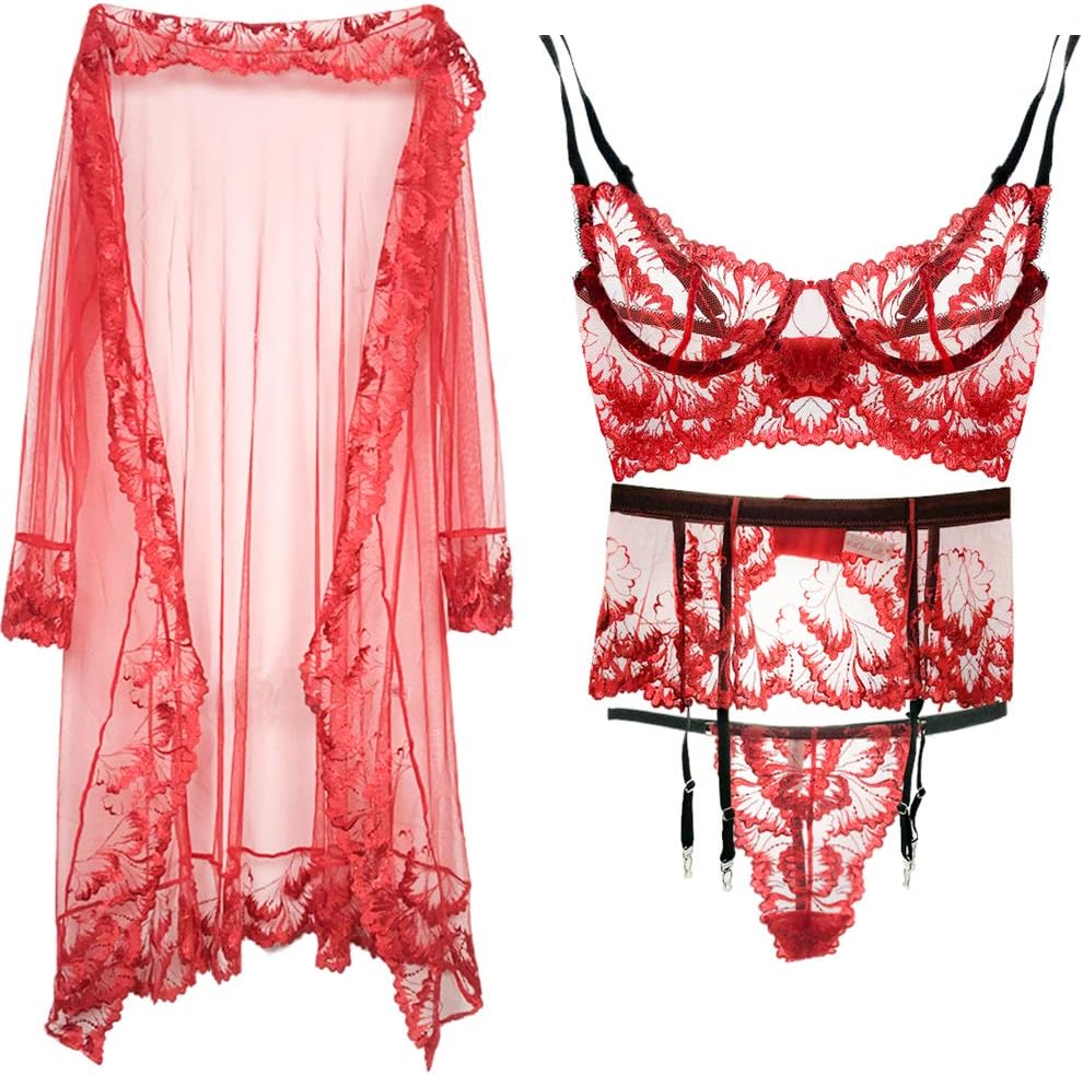 3 PCS Embroidered Transparent Bra Robe Garters Lingerie Set Mesh Underwire Women Sex Babydoll