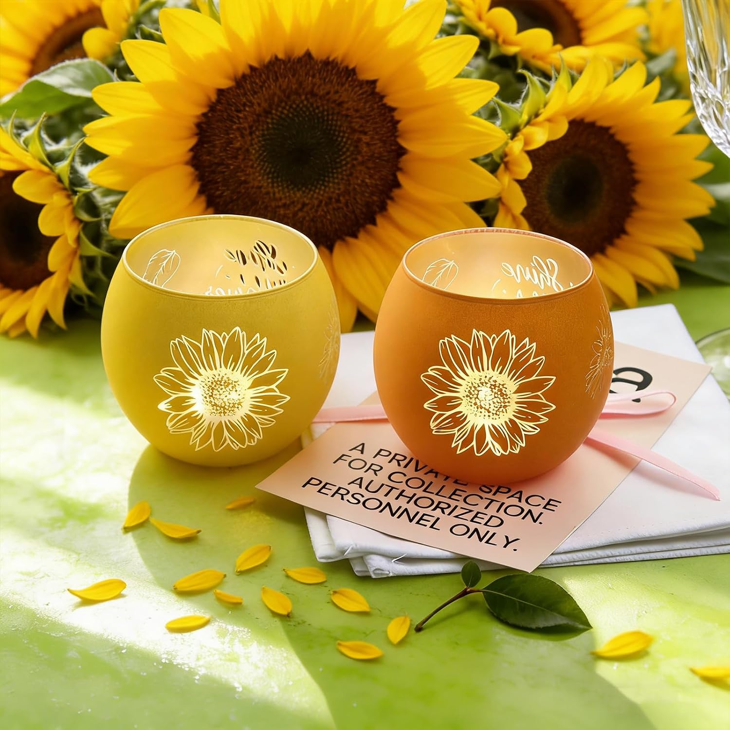 Sunflower Gifts for Women, Set of 2 Glass Tealight Candle Holders for Table Decor, Shine Like a Sunflower Inspirational Gifts for Friends, Mom, Yellow Room Decorations, Summer Fall Centerpieces