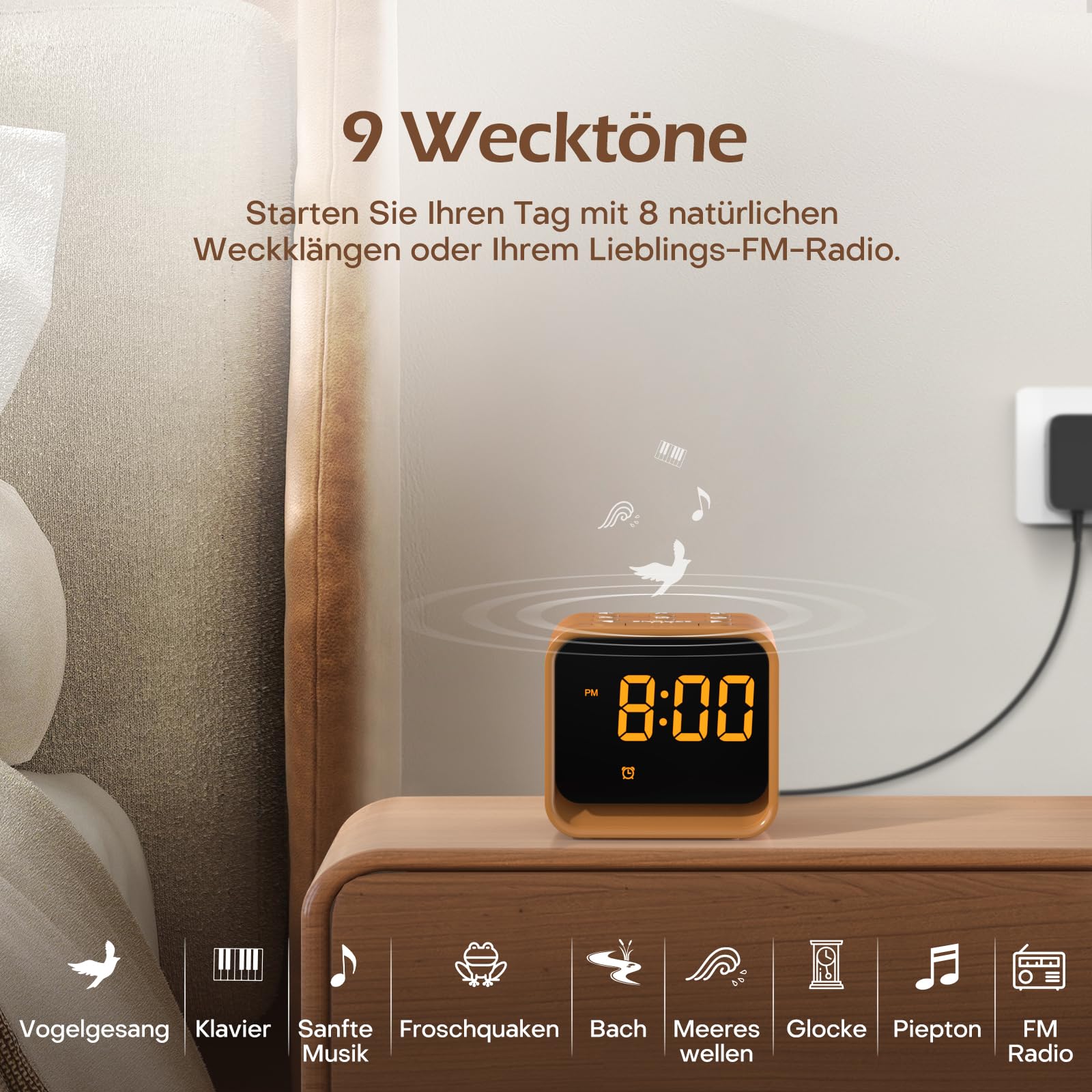 REACHER Radiowecker für das Schlafzimmer, Digitale FM Radiouhr mit Weißrausch-Soundmaschine, 9 Alarmtönen, dimmbarem Display, 7 Farben Nachtlicht, Automatischem Abschalt-Timer, Snooze
