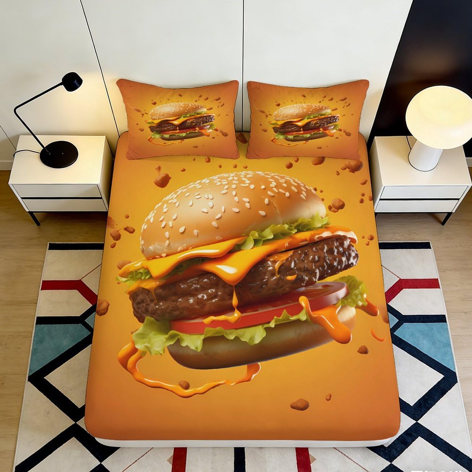 3D Printed Burger Theme Fitted Sheet Microfiber Deep Pocket Bedroom Set Burger Mattress Fitted Cover Full Wrap Non-Slip Washable for All Ages 120x200x25cm