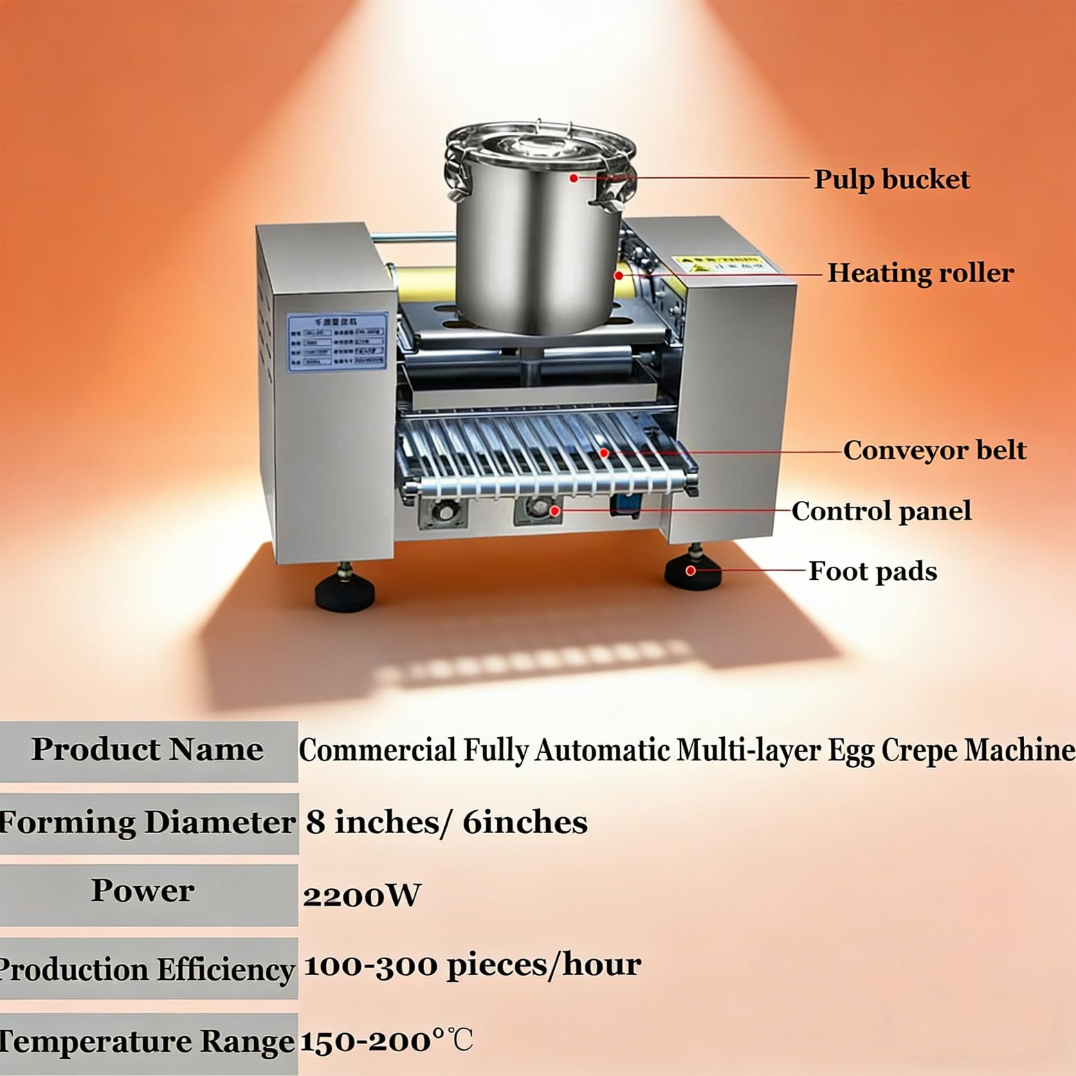 Máquina para Hacer Crepes Profesional automática de 2200 W con Temperatura y Velocidad Ajustables para Preparar Crepes de mil Capas (15 cm/20 cm) 6in