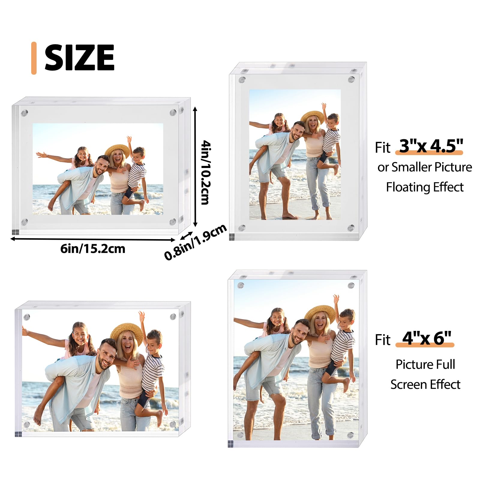 Fixwal Lot de 3 cadres photo 10 x 15 cm en acrylique transparent double face avec bureau magnétique