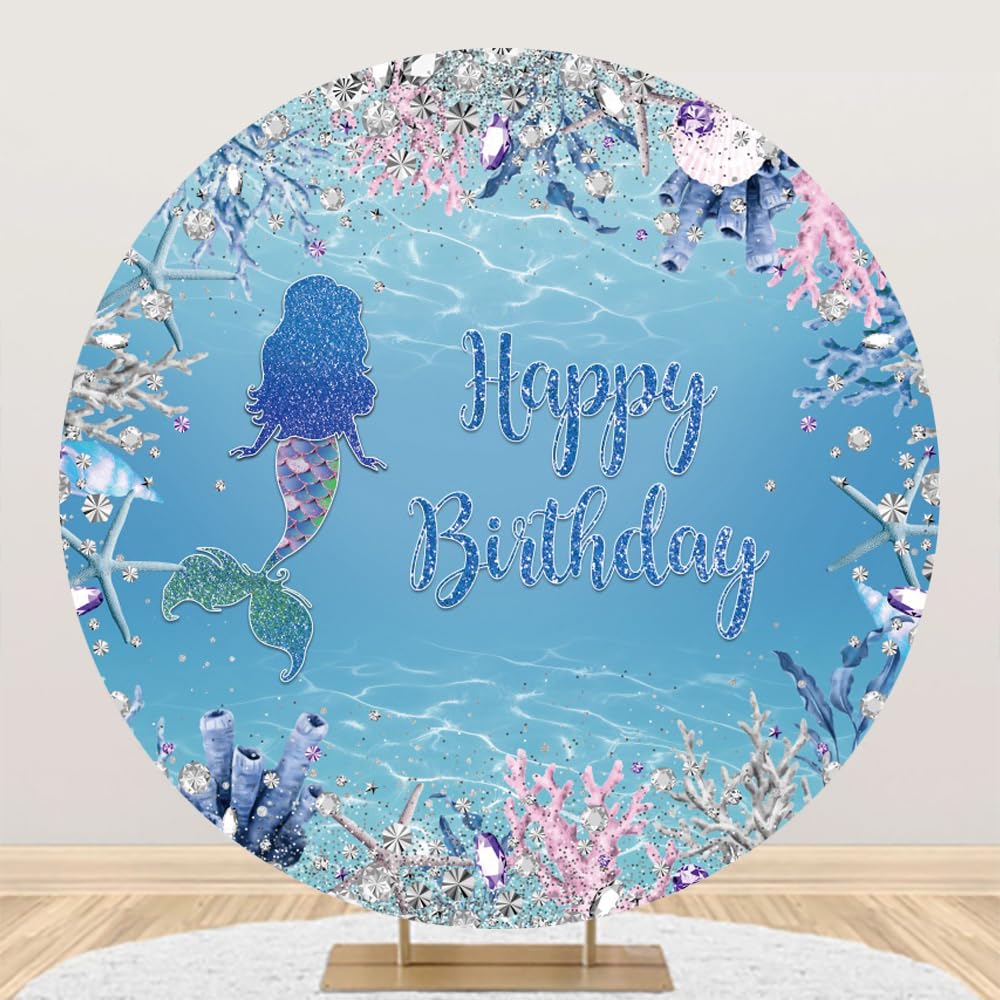 Laeacco Mermaid Birthday Round Backdrop Polyester 6.5x6.5FT Happy Birthday Circle Background Under the Sea Coral Marmaid Theme Birthday Party Decor