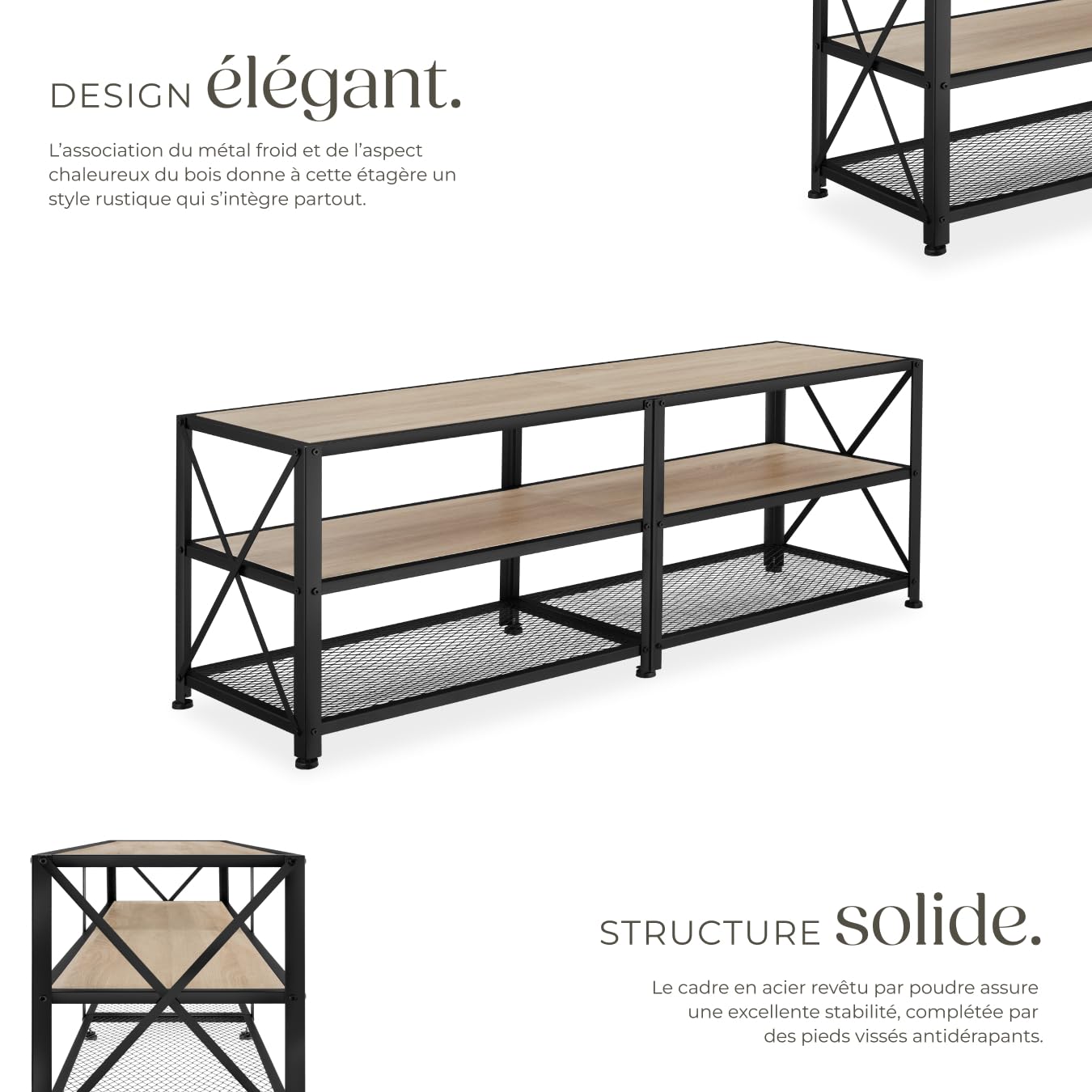 tectake® Meuble TV 141 x 41,5 x 50,5 cm, Banc TV Salon Chambre, Meuble Rangement Television, Style Industriel, 3 Niveaux Ouverts et Fond grillagé, Meubles de Salon pour télévision, Bois Clair