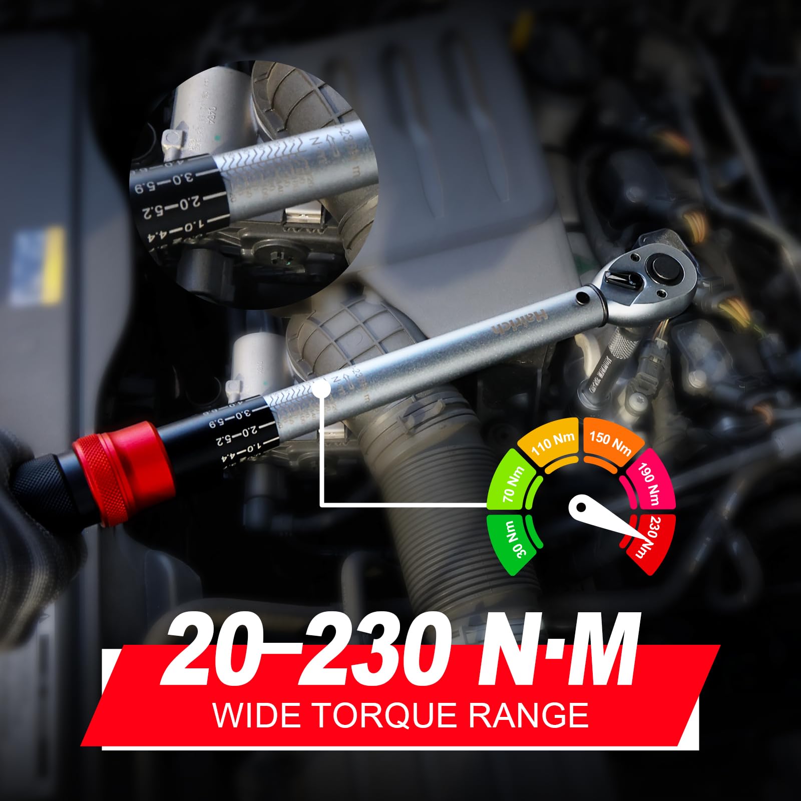 Hairich Drehmomentschlüssel 1/2 Zoll für Auto, 20–230 Nm, Torque Wrench 5-tlg. Set mit Verlängerung & Stecknüssen (17/19/21 mm) – für Reifenwechsel & Motorrad - 2