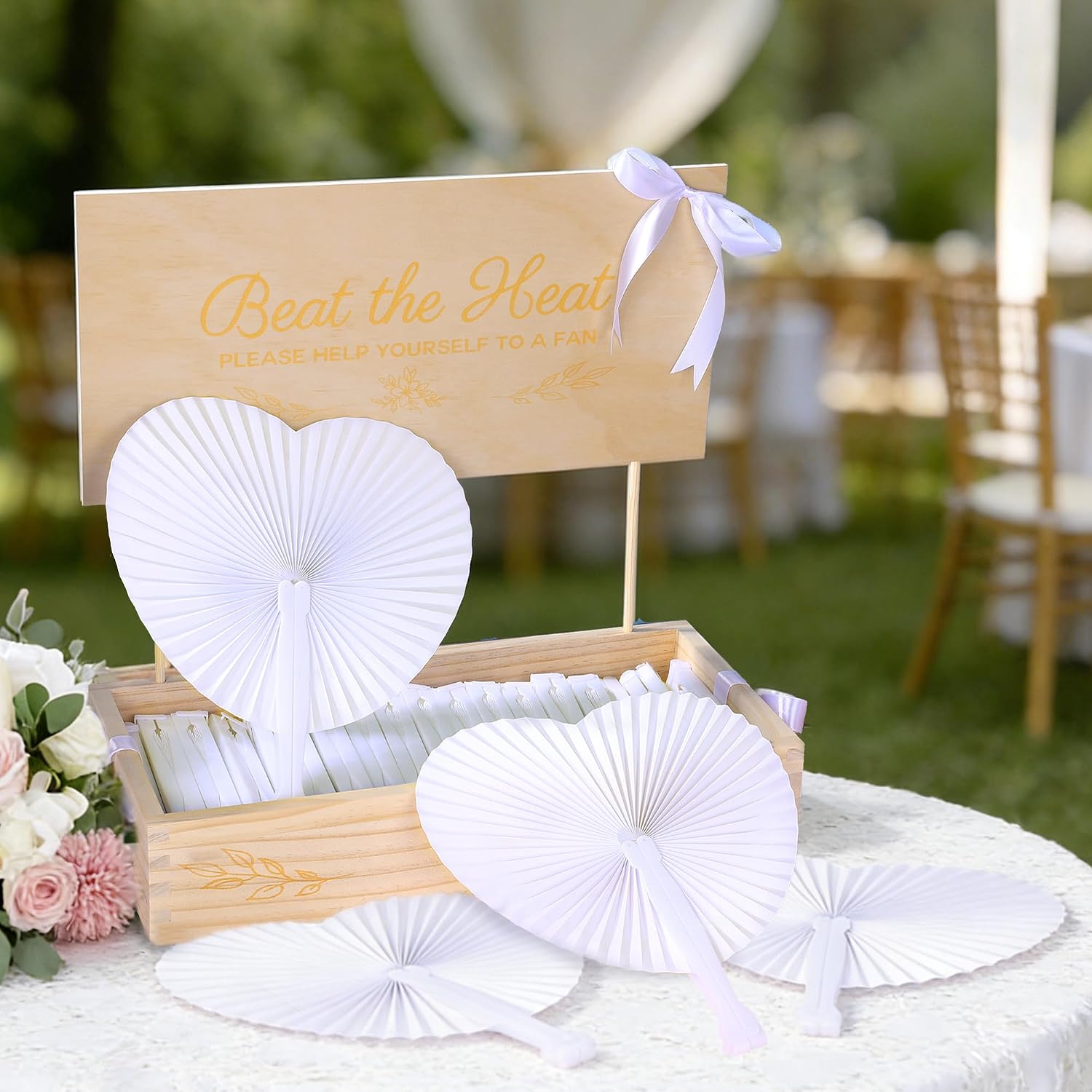 Aodaer 100 Pcs Heart Wedding Fans White Paper Hand Fans with Storage Box