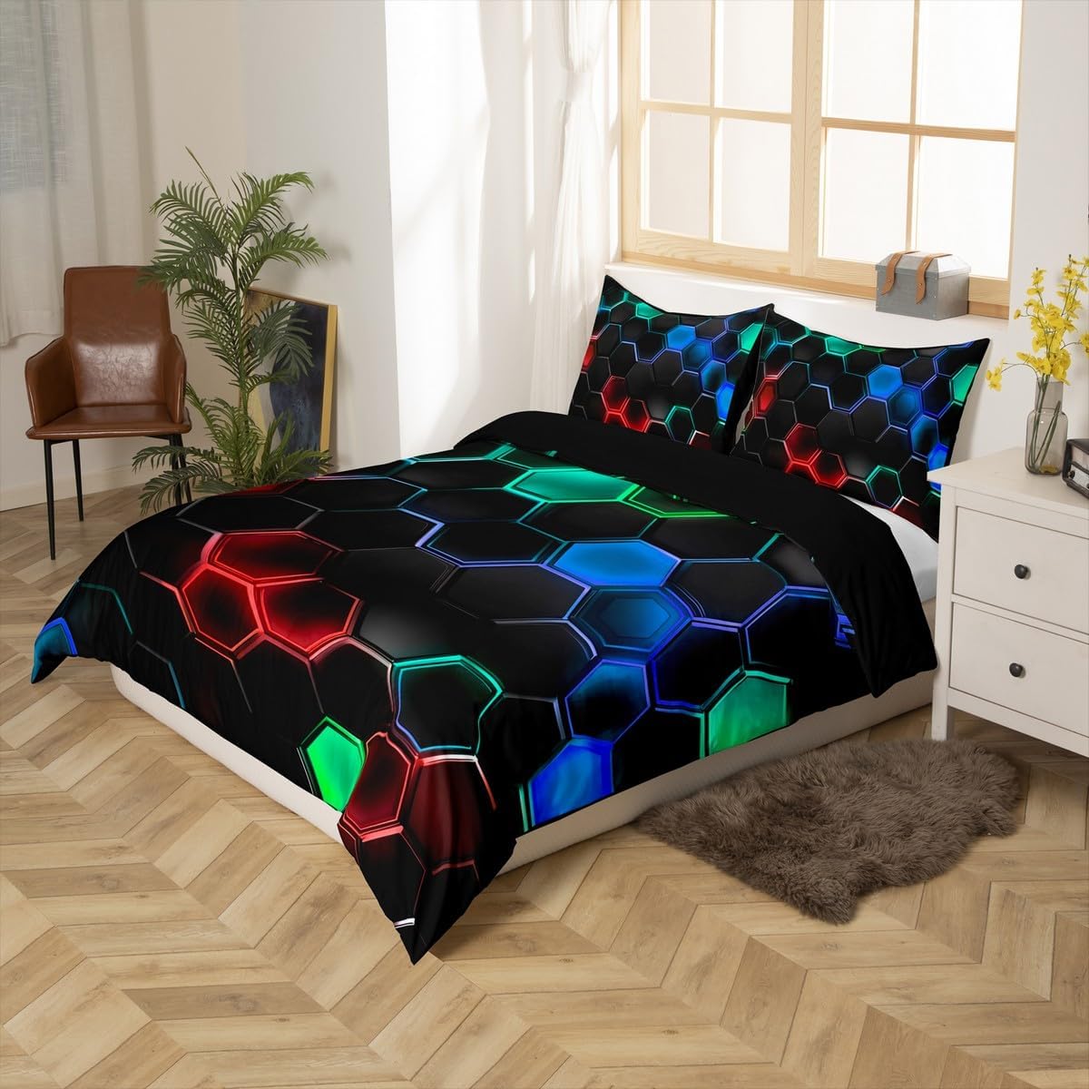 jejeloiu Boys Girls Hexagonal Duvet Cover Toddler Size, Honeycomb Comforter Cover Kids Geometric Bedding Set Black Blue Red Teens Bedroom Decor Bed Set with 1 Pillow Case (No Comforter)