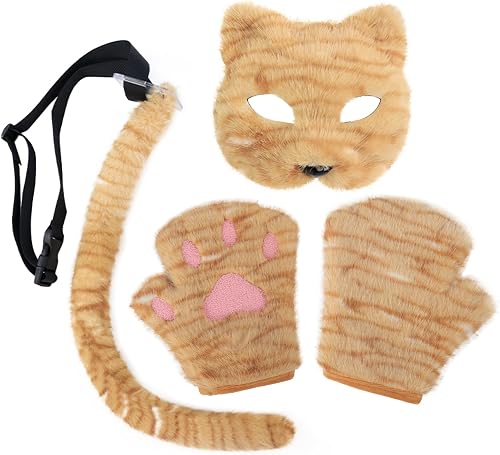 FakeFace Ensemble Masque et Queue de Chat Gants à Pattes de Chat en Fausse Fourr