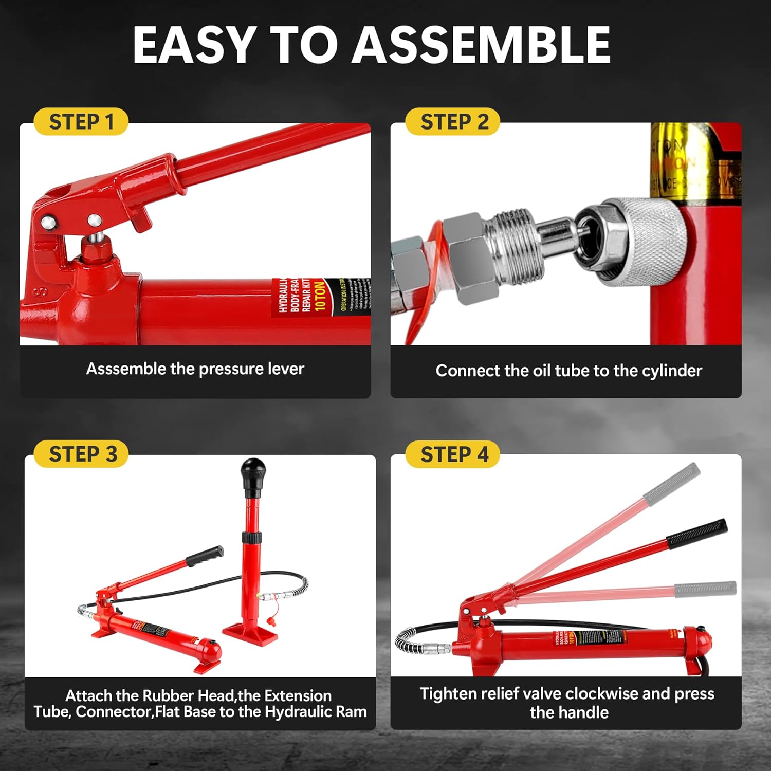 10 Ton Porta Power Kit, Portable Hydraulic Jack with 4.7 ft/1.43 m Oil Hose, 17 Pcs Hydraulic Ram, 20000 Lbs Capacity, Max Lifting Height 5.1" / 130mm, Ram min Height 12.4" / 315mm