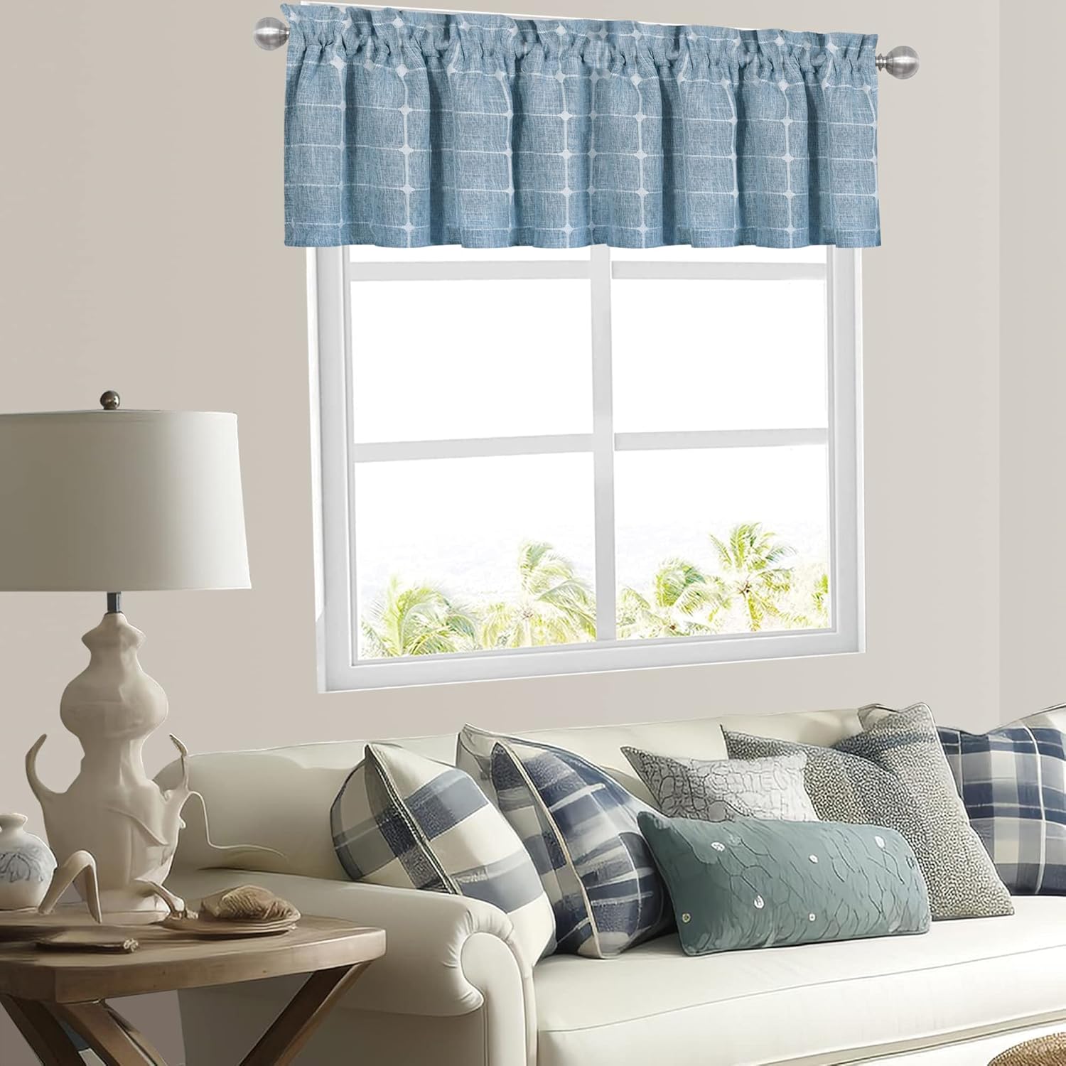 Shunjie.Home 4 Pack Farmhouse Valances for Windows Boho Linen Plaid Curtain Valances, Semi Sheer Window Valance for Kitchen Bedroom Bathroom Living Room (Blue, 52" x 18")