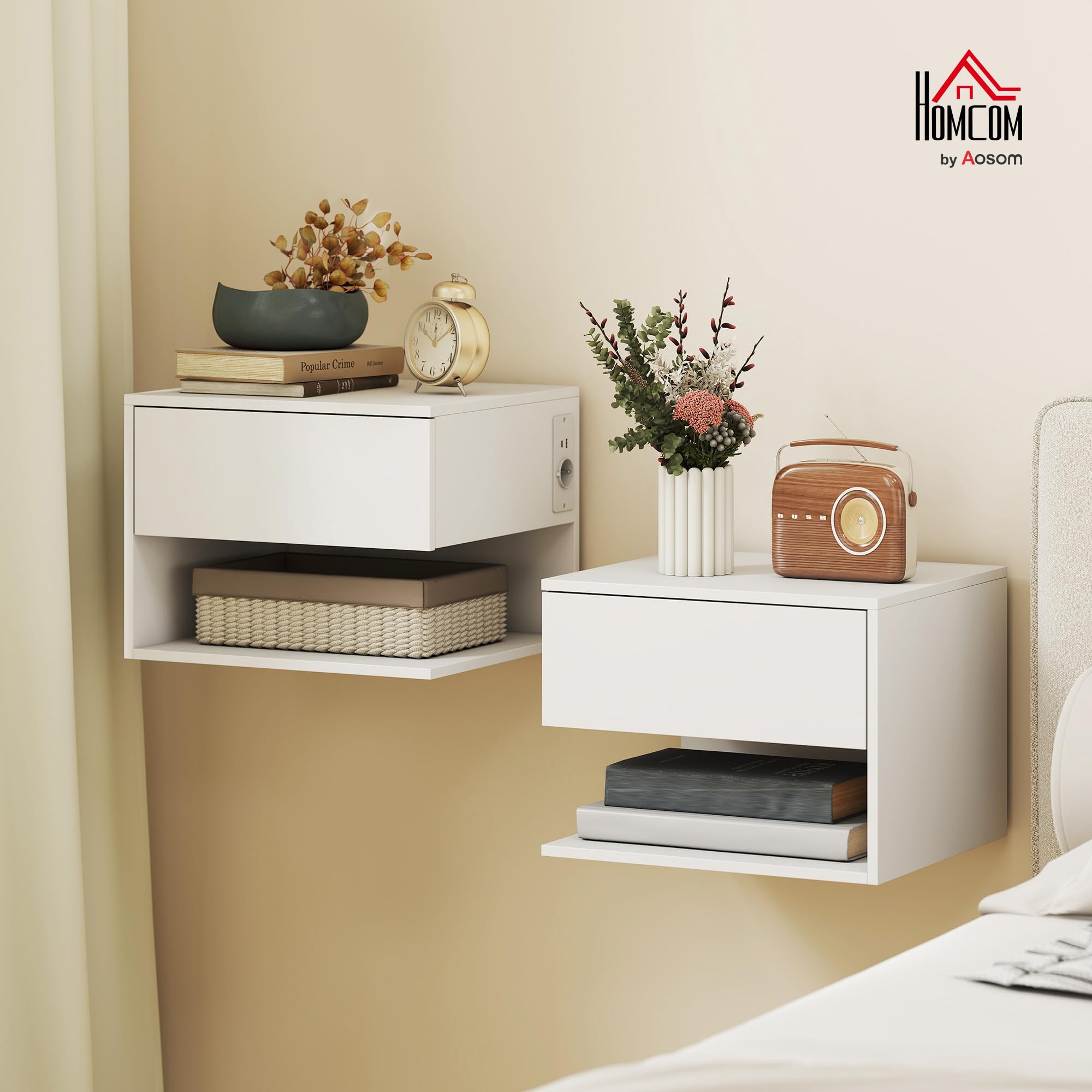 HOMCOM Set 2 Comodini Camera da Letto Sospesi 46x30x30 cm Bianco | Prese di Corrente, Cassetto, Ripiano Aperto, Coppia di Comodini Moderno, Tavolini per Divano, Soggiorno, Salotto, Camera