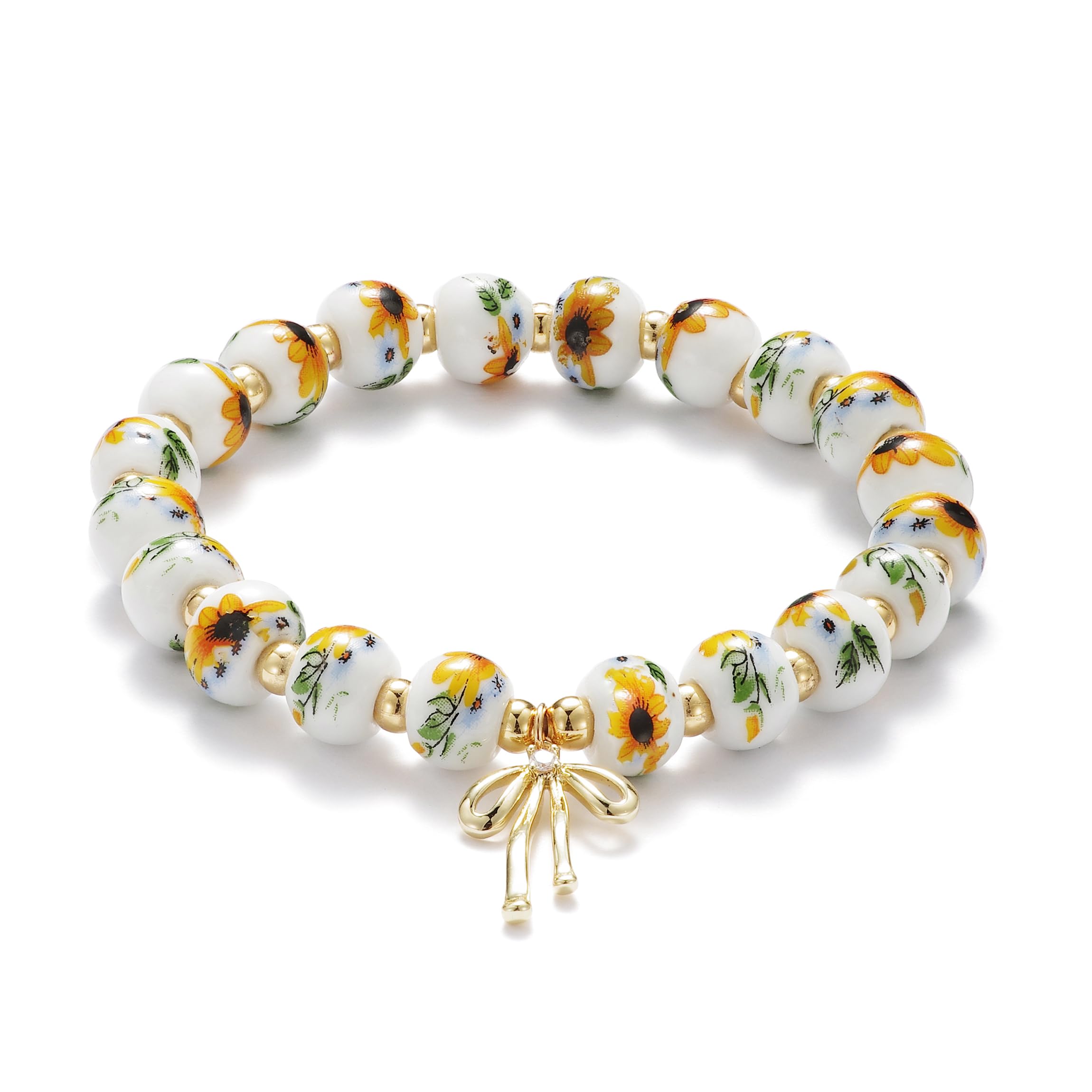 Beads Bow Charm Bracelet for Women Flower Vintage Bracelet Handmade Stretch Beaded Dainty Romantic Jewelry Gifts