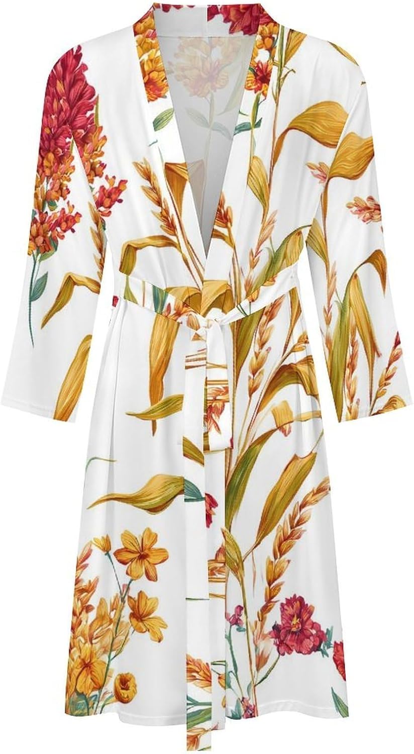 Wheat Sorghum Plants Men's Bathrobes Long Sleeve Spa Towel Bath Robe with Belt