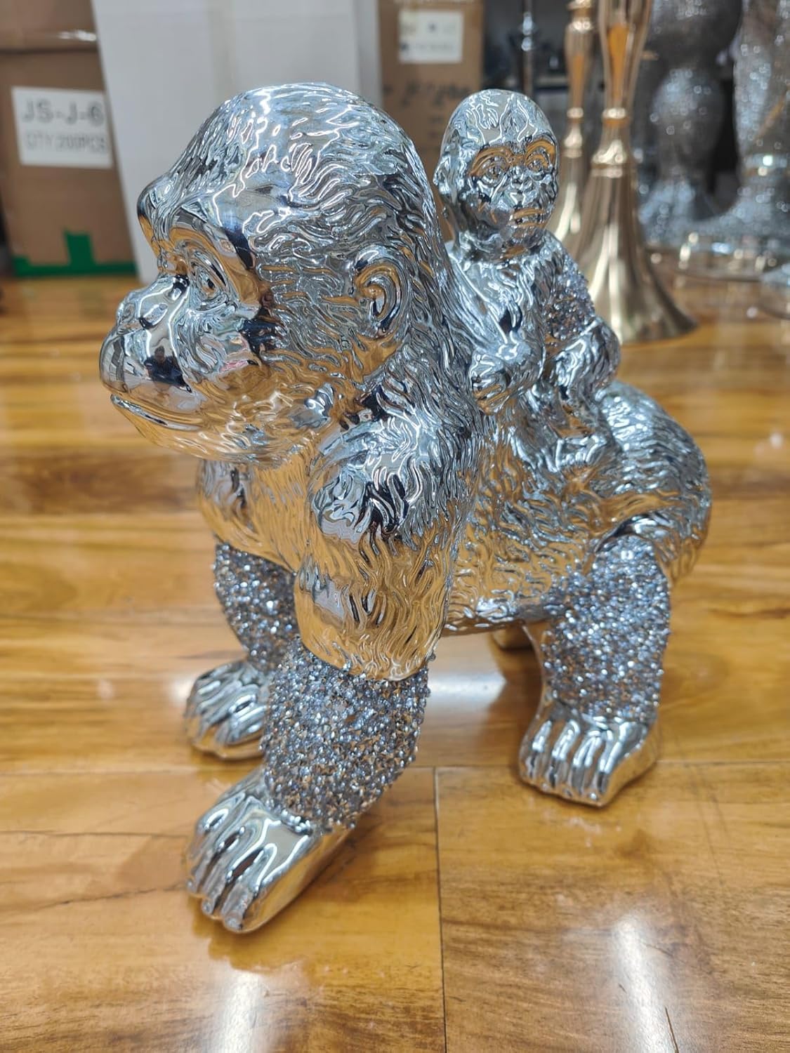 Biznest Silver Crushed Gorilla With Baby Crystal Disney Shelves Ornament Bling
