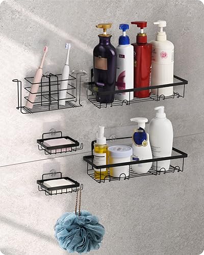 Baffect Shower Caddy 5-Pack Non-marking Self Adhesive Shower Shelves Black Bathroom Shower Caddy Shelf with Hooks Bathroom Essentials