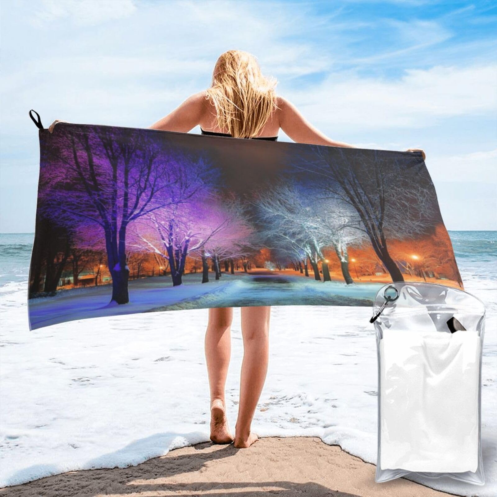 Anceky Nighttime Snowy Park Path Illuminated Trees Quick Dry Microfiber Travel Towel with Carry Case and Carabiner 27.5"X55"
