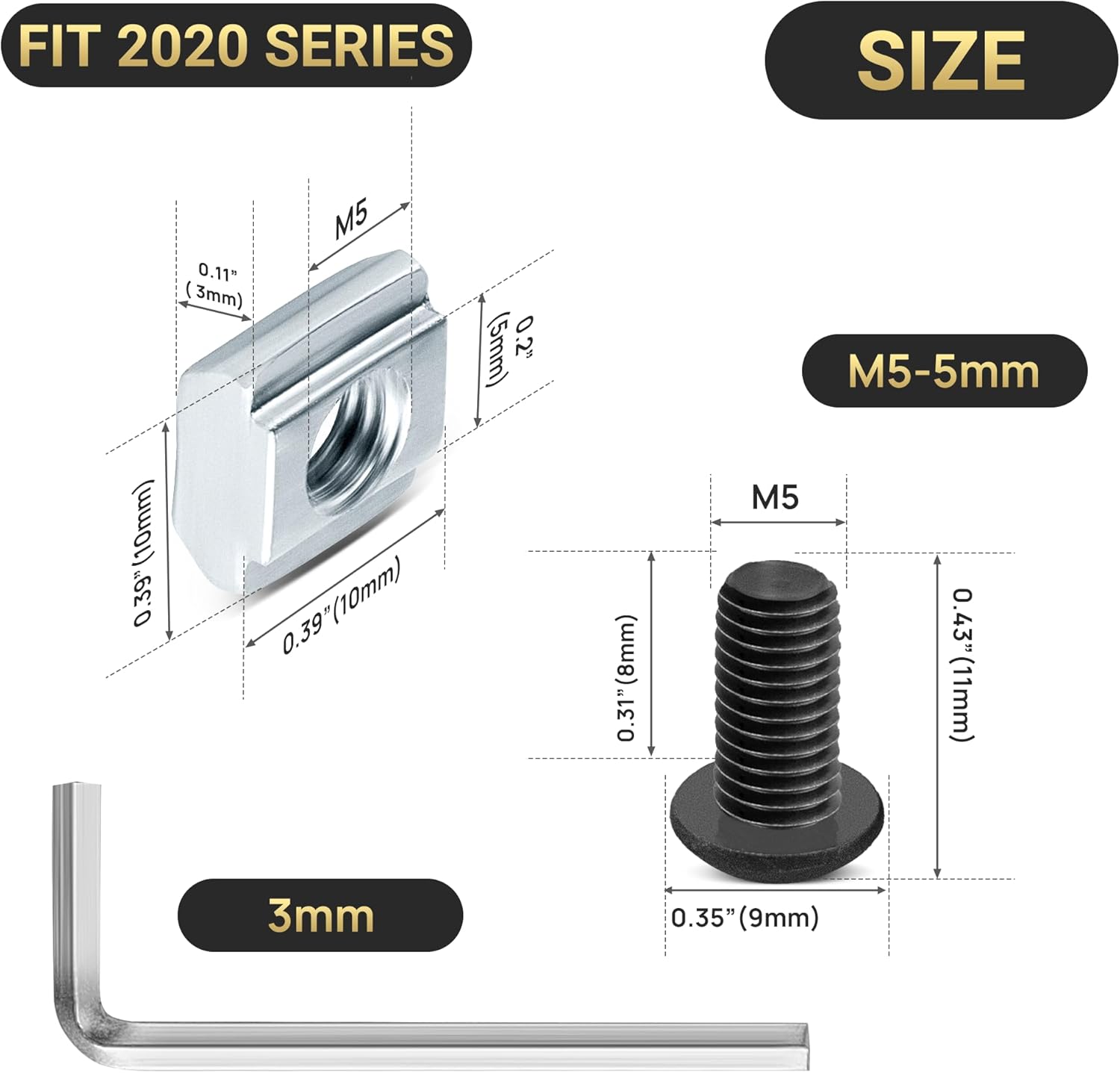 12 Set 2020 Corner Bracket Joint Plate L Shape 5 Hole Aluminum Extrusion Connector with 60Pcs T-Nuts, 60Pcs Screws and 1Pcs Wrench for 20 x 20mm Series Aluminum Extrusion Profile, Black