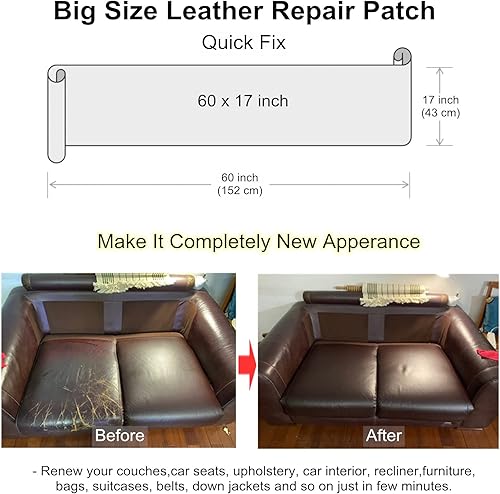 Miniatura 10 de ILOFRI Cinta de reparación de cuero de gran tamaño de 60 x 17 pulgadas, kit de reparación de vinilo autoadhesivo duradero y cuero para sofá, asiento