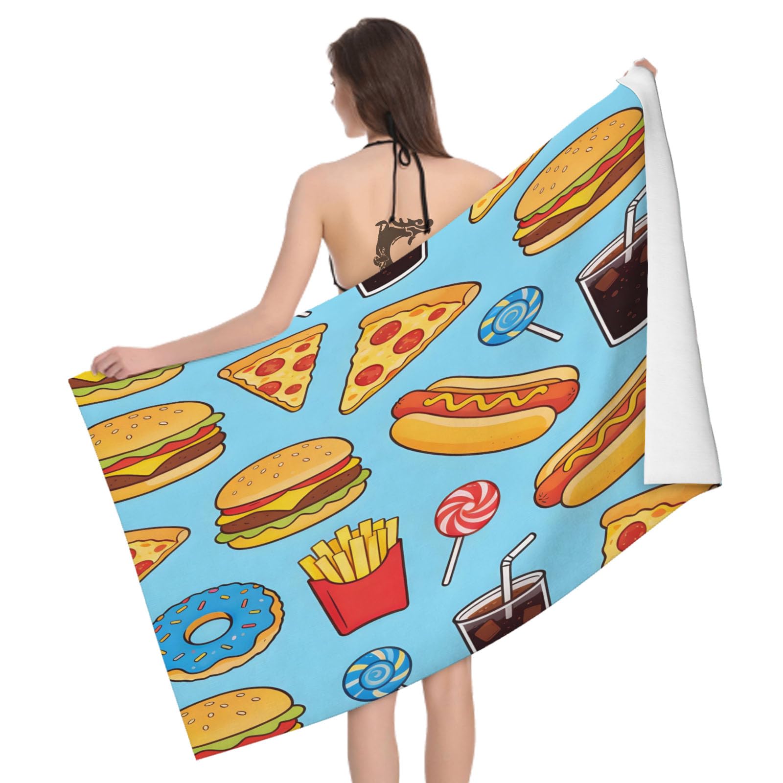 Leichong 3D Hamburger Beach Towel Large Microfiber Soft Quick Dry for Adults, Cartoon Illustration Bath Towel Lightweight Soft Absorbent for Travel Swimming Pool Sports, 180 x 90 cm