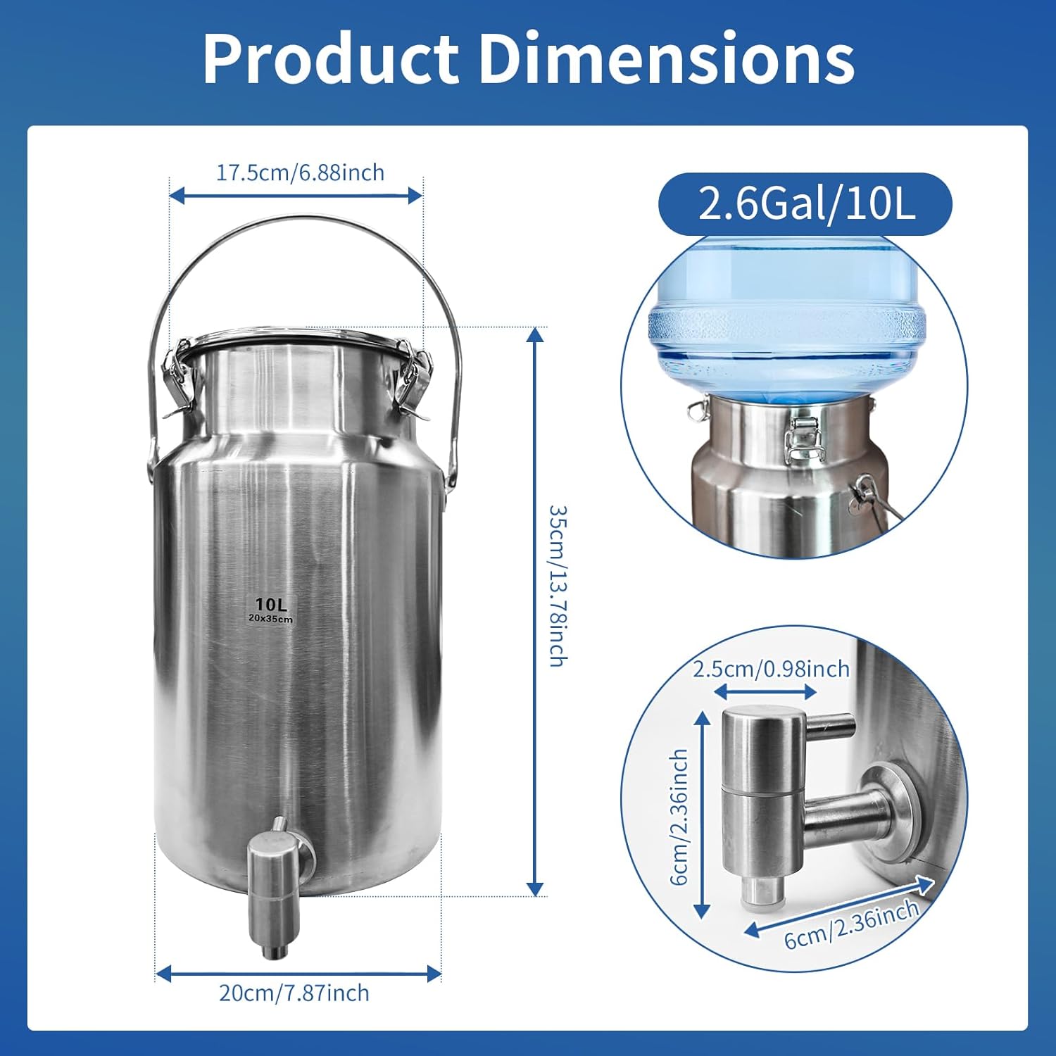2.6 Gallon Water Dispenser,10L Water Jug304 Stainless Steel Milk Can with Spigot,Airtight Food Storage Bucket,Leak-proof Liquid Storage Container with Tight Lid and Long Swivel Handle,Oil Pail