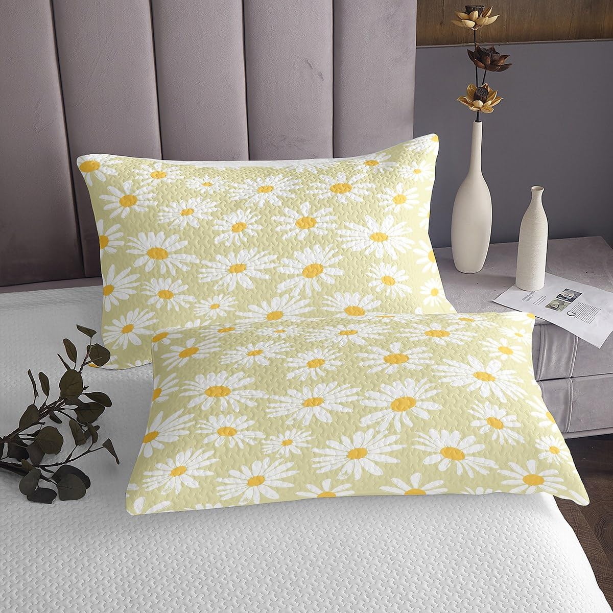 Daisy Lightweight Quilt Set for Kids Teens,Yellow White Yellow Bedspread Coverlet,Daisy Flowers Bed Cover Spring Floral Bedding Set Decorative Quilted 2 Piece Coverlet Set with 1 Pillow Sham,Twin Size