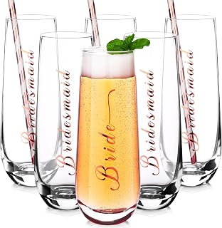 Nuenen 6 Pieces Bridesmaid Champagne Flutes Wedding Bridesmaids Gifts Cups Stemless Champagne Cocktail Glass with Straw Maid of Honor Bridal Shower Gift Wedding Bachelorette Party Supplies, 10.5 oz