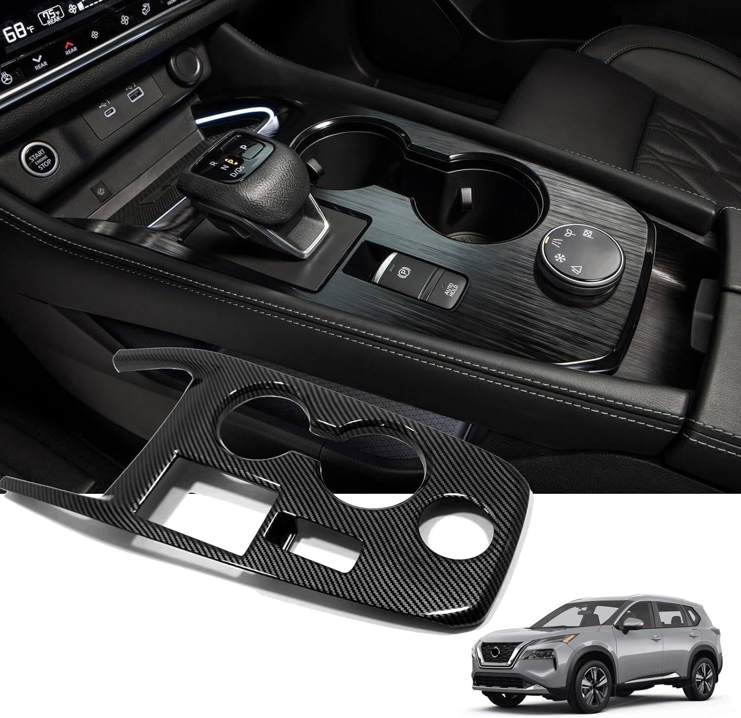 Carbon Fiber Style Gear Shift Knob Cover Trim For Nissan Rogue 2021-2025 – ABS Self-Adhesive