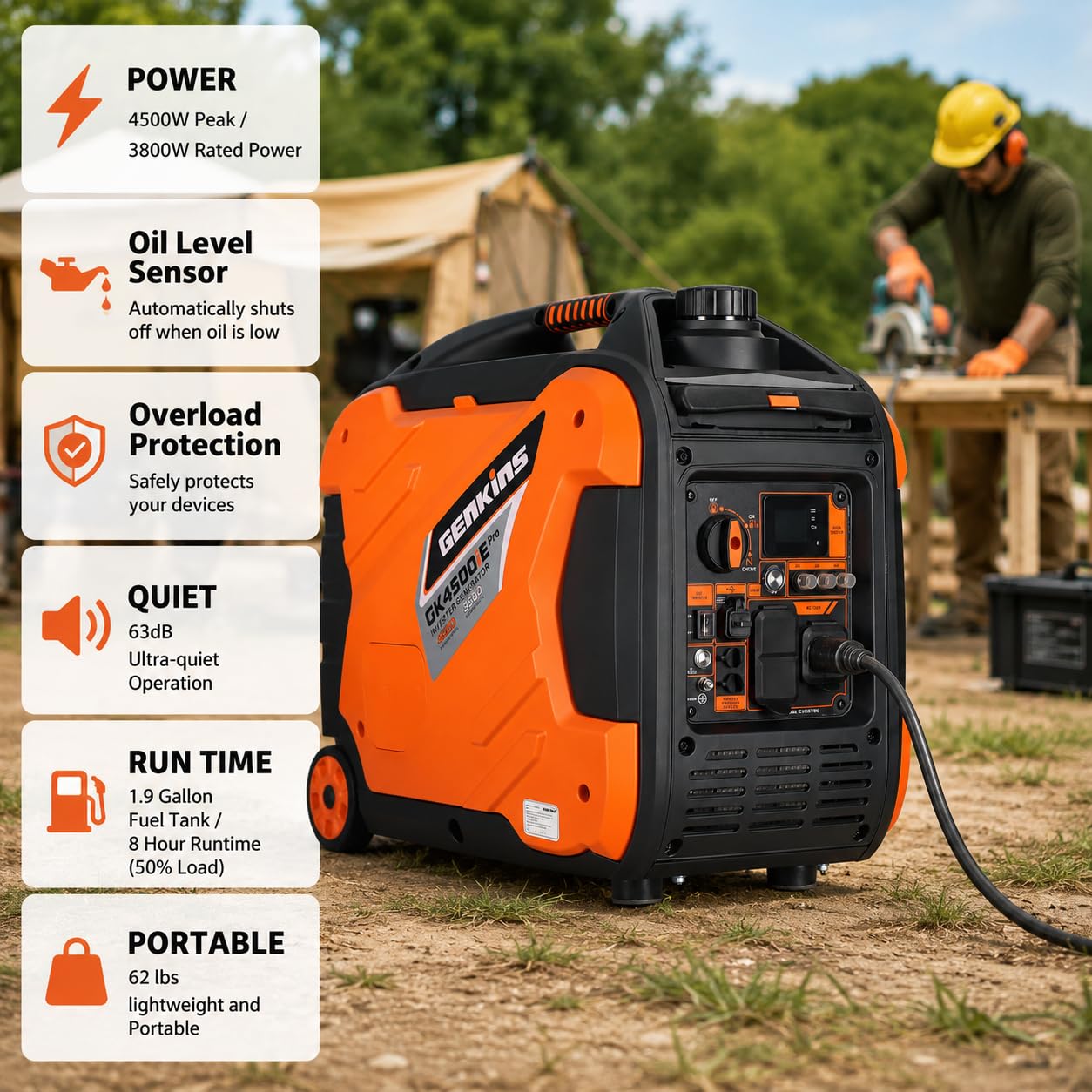 Genkins Generador portátil de inversor de gas de 4500 W, onda sinusoidal pura, arranque eléctrico paralelo capaz para RV camping, respaldo en casa