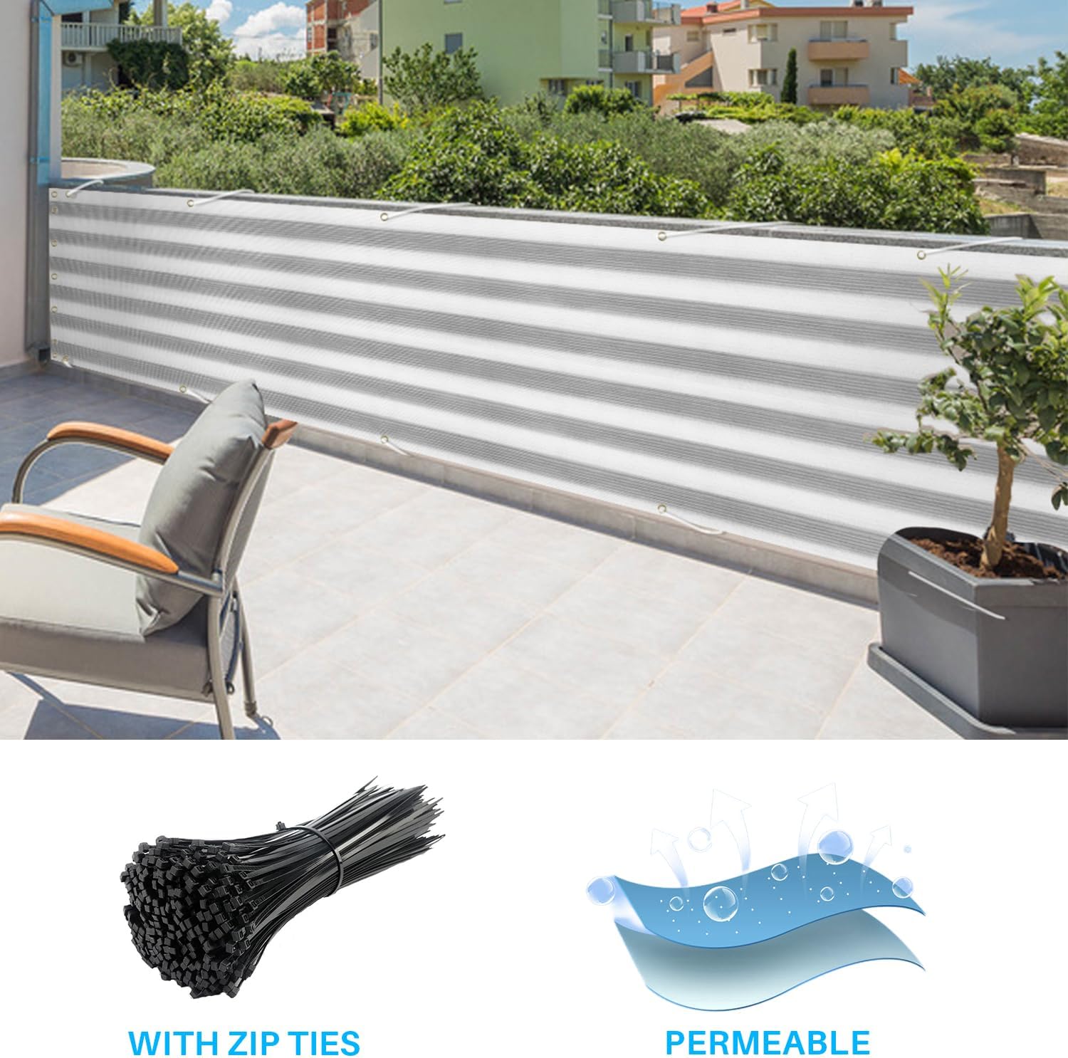 Patio 3' x 50' Balcony Privacy Screen Apartment Railing Covers Fence Panels for Outdoor, Temporary Fencing for Porch Deck Backyard Net Mesh with Zip Ties, Gray White Stripe