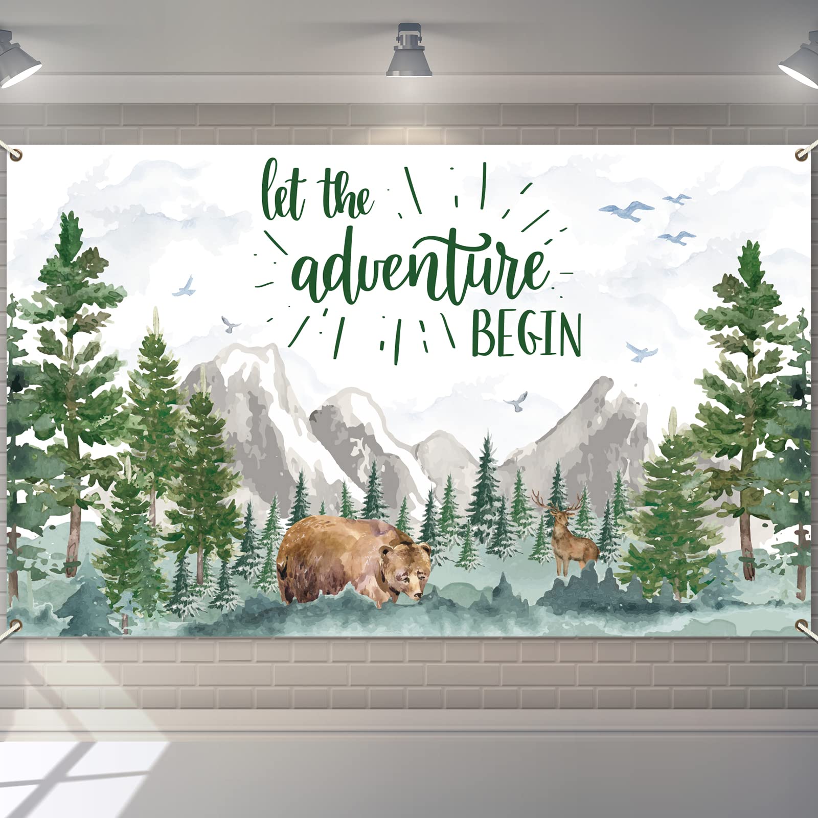 Adventure Awaits Baby Shower Backdrop Decorations, Pine Tree Mountain Wilderness Woodland Animals Background Banner Let The Adventure Begin Party
