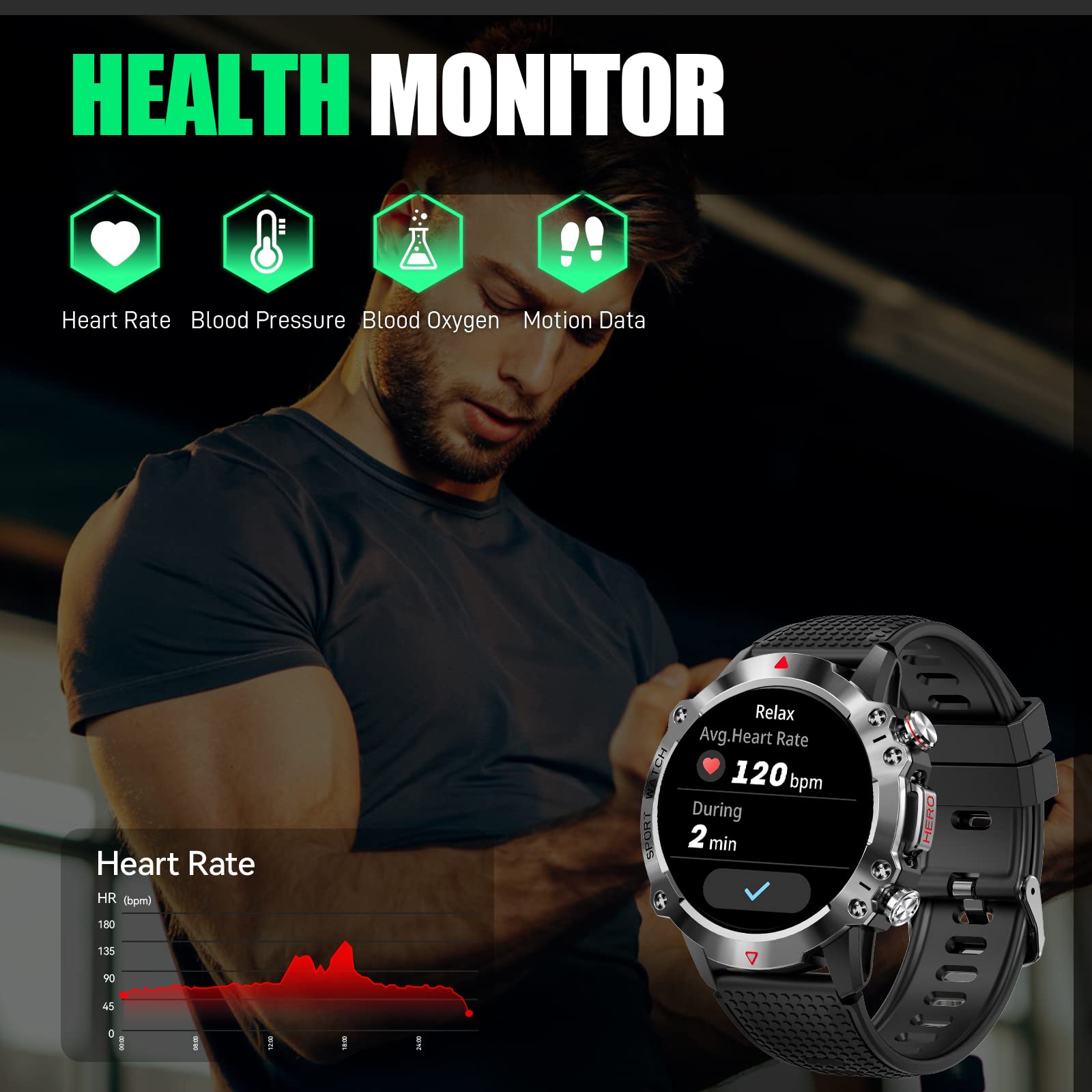 JELLOO Smart Watch militare da uomo, 1,39 pollici HD Bluetooth Chiamate Smartwatch per iPhone Android, IP68 Impermeabile Fitness Tracker Orologio con Frequenza Cardiaca, Monitoraggio del sonno, 100+