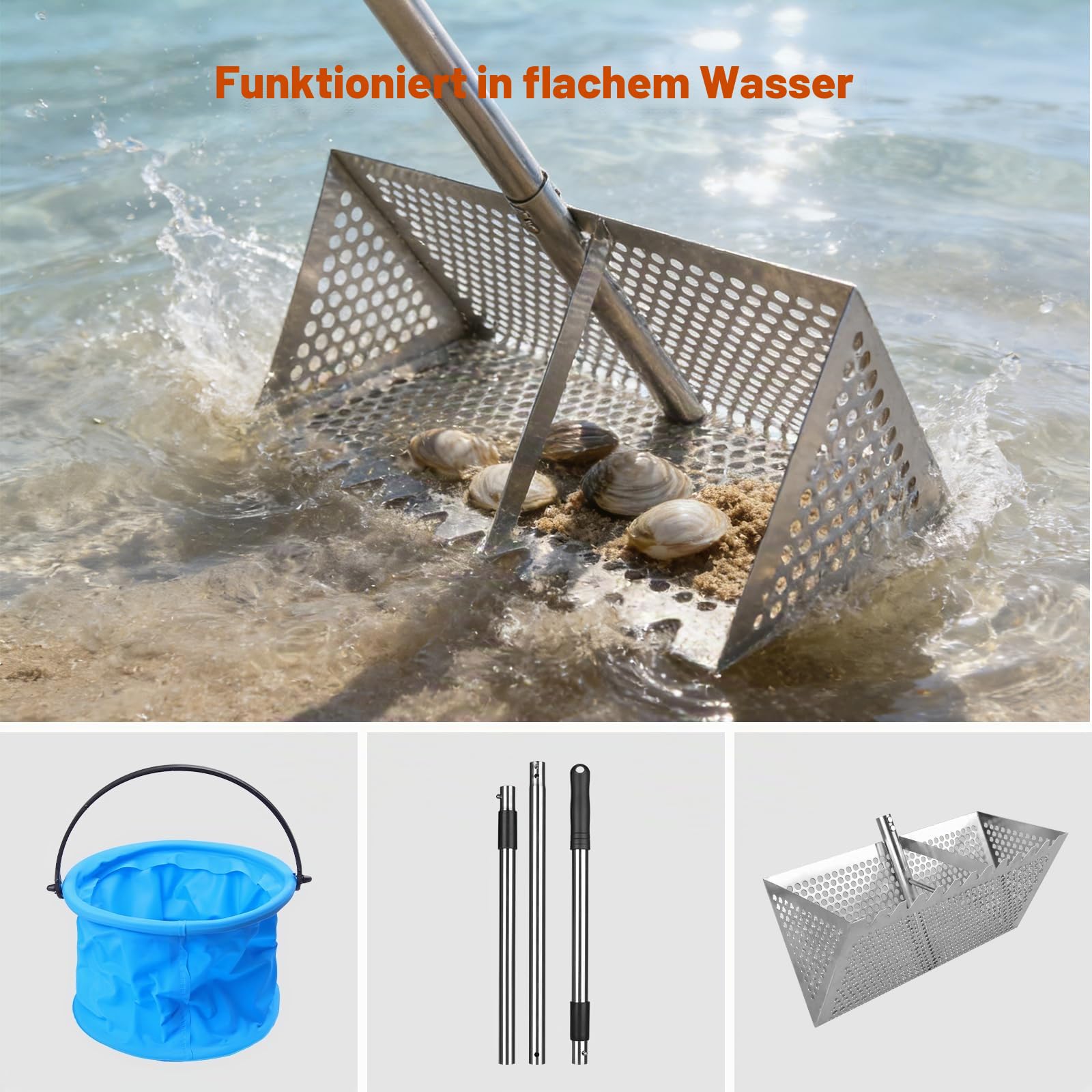 Edelstahl Strand Sandsieb, Strand Sandschaufel mit Muschelkorb, 133cm Einstellbar Sandschaufel Dreiteiliger Griff- 20×40 cm Korb, Sandschaufel Grabwerkzeuge (silber)