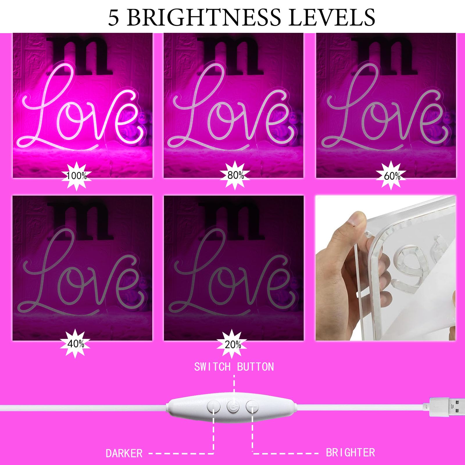 Neonschild mit Aufschrift "Love", Rosa, Neonlicht, LED-Wandschilder, USB-betriebenes Lichtschild für Mädchen, Schlafzimmer, Weihnachten, Valentinstag, Muttertag, Hochzeit, Wanddekoration
