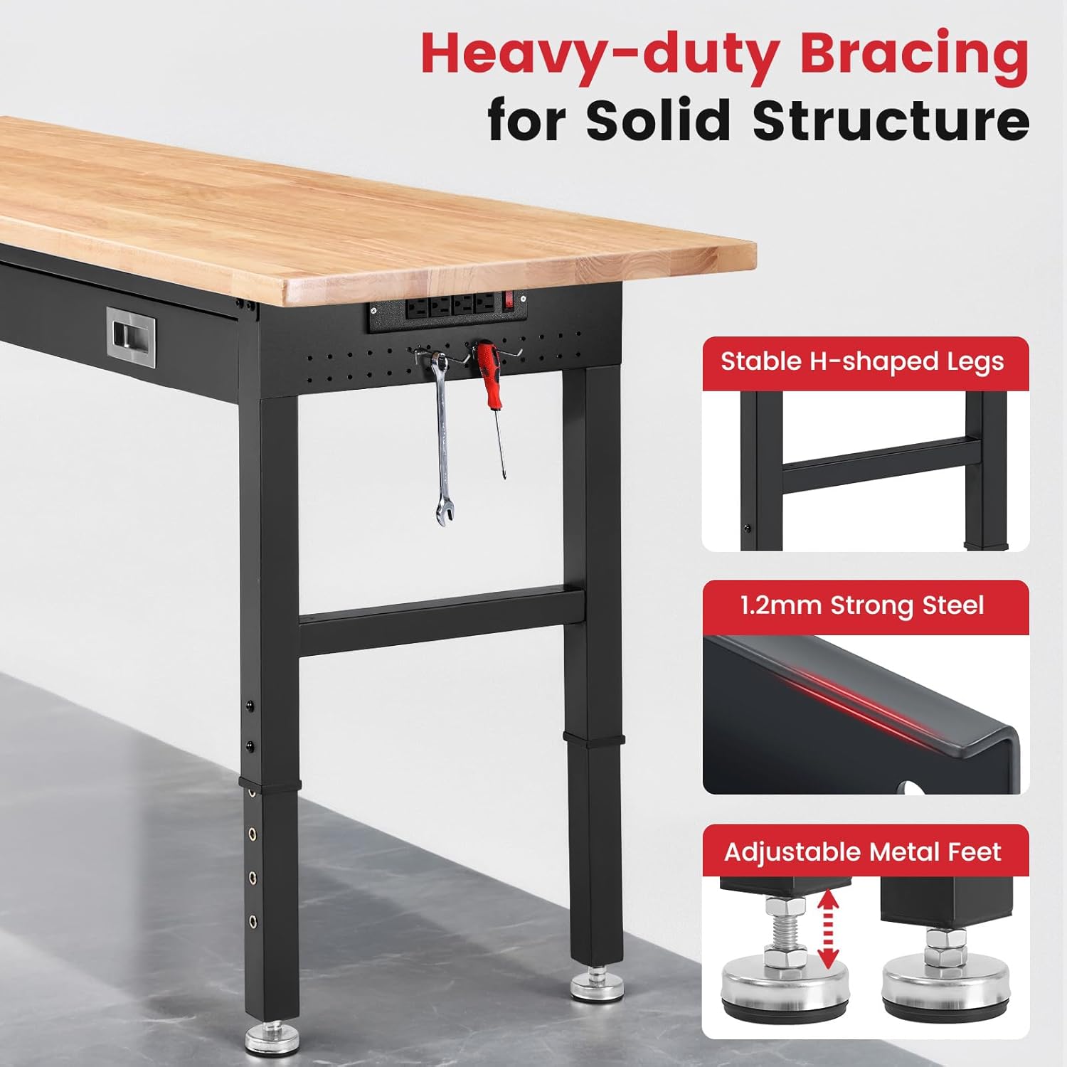 ENJOYWOOD Work Bench for Garage with Drawers 60 x 22 Inch Heavy Duty Rubberwood Tabletop Work Table with Pegboard, Power Outlets Adjustable Workbench for Woodworking Shop, Home, Office, Electronic
