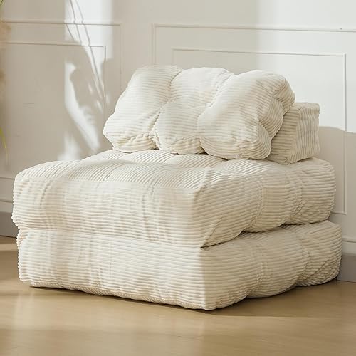 Folding Sofa Bed, Convertible Sleeper Chair with Pillow Foldable Matress with Back Support, Portable Fold Out Chair Bed Comfy Floor Sofa Lounge for Living Room Bedroom, Beige, Single